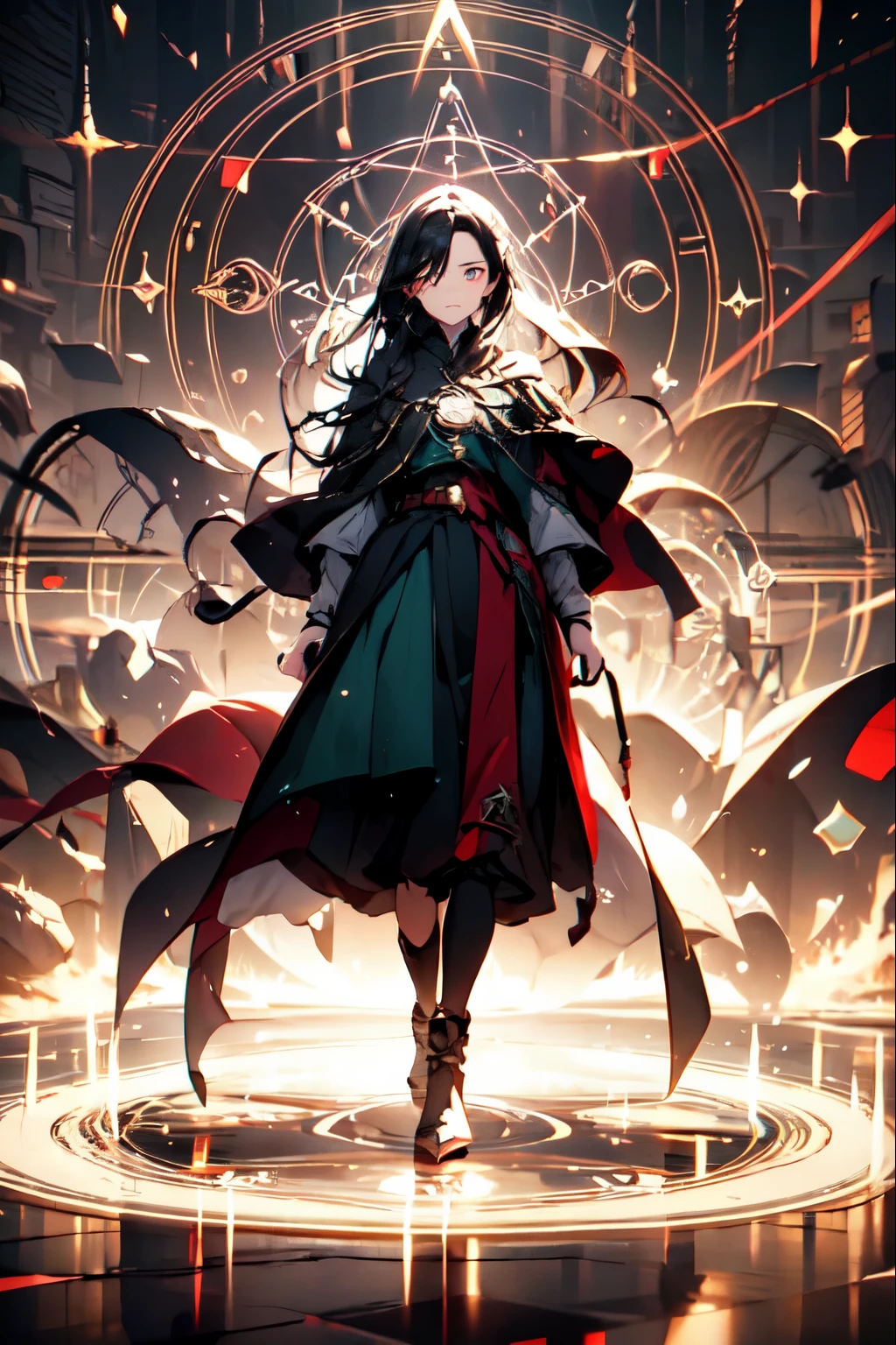 1girl,magic circle, long black hair, luminism, red eyes, neutral expression, medium length medieval green dress with hoody, high boots, heroines, porcelain skin, beautiful hair, large eyes, full body, three dimensional effect, enhanced beauty, Albert Anker, Feeling like Albert Anker, Kyoto Animation, Feeling like Kyoto Animation, luminism, 3d render, octane render, cinematic, Isometric, awesome full color, 