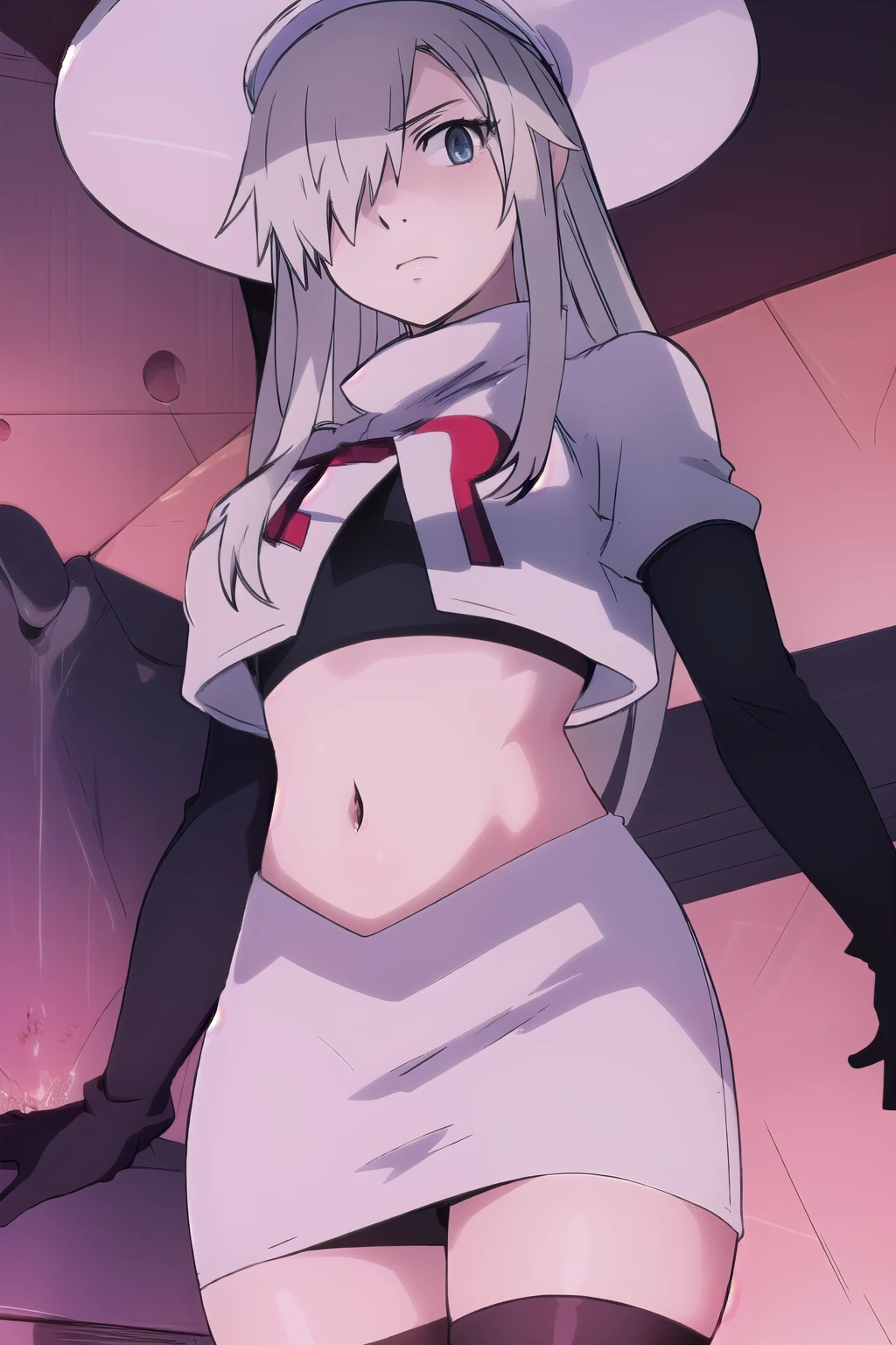 WBC, 1girl, solo, looking at viewer, hat, team rocket,team rocket uniform,white skirt,red letter R,crop top,black thigh-highs,black elbow gloves, fine detail, perfect quality, good quality, masterpiece, HDR, UHD