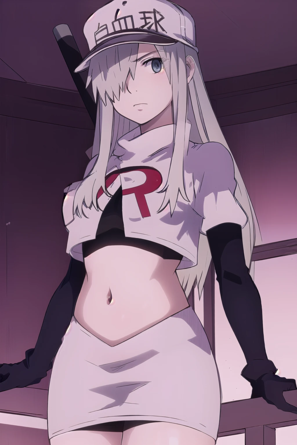 WBC, 1girl, solo, looking at viewer, hat, team rocket,team rocket uniform,white skirt,red letter R,crop top,black thigh-highs,black elbow gloves, fine detail, perfect quality, good quality, masterpiece, HDR, UHD