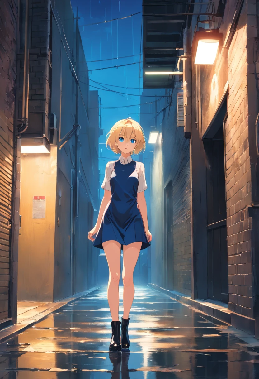 17 years old Women, ((Blonde)), ((Blue eyes)), ((Short hair)), ((Full Body)), in front of a dark alley, wearing a black erotic dress, with black high heels bucaneer boots, ((Full Body)). wet floor