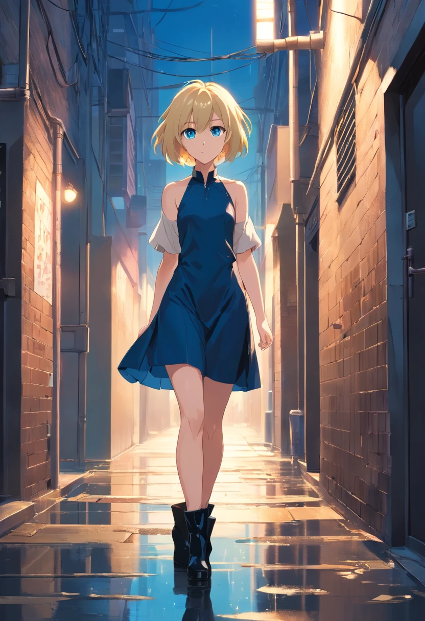 17 years old Women, ((Blonde)), ((Blue eyes)), ((Short hair)), ((Full Body)), in front of a dark alley, wearing a black erotic dress, with black high heels bucaneer boots, ((Full Body)). wet floor