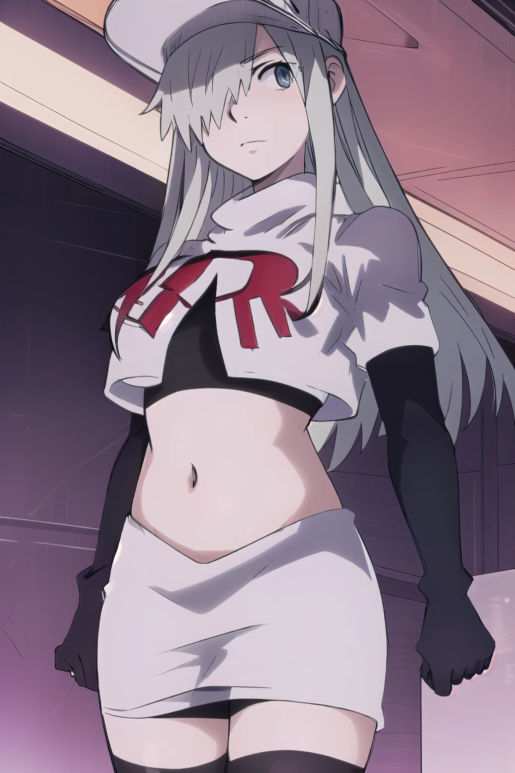WBC, 1girl, solo, looking at viewer, hat, team rocket,team rocket uniform,white skirt,red letter R,crop top,black thigh-highs,black elbow gloves, fine detail, perfect quality, good quality, masterpiece, HDR, UHD