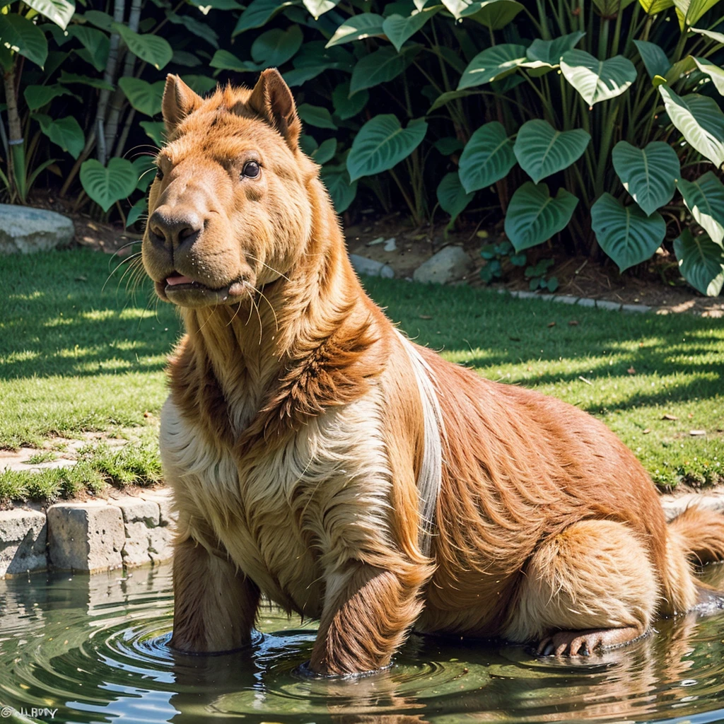 A capybara,playful,relaxed,with a gentle expression,large brown eyes,long white whiskers,lush grass,shallow water,lush vegetation,harmonious and vibrant colors,realistic painting style,soft lighting,high resolution,masterpiece:1.2,happy and content,peaceful atmosphere.