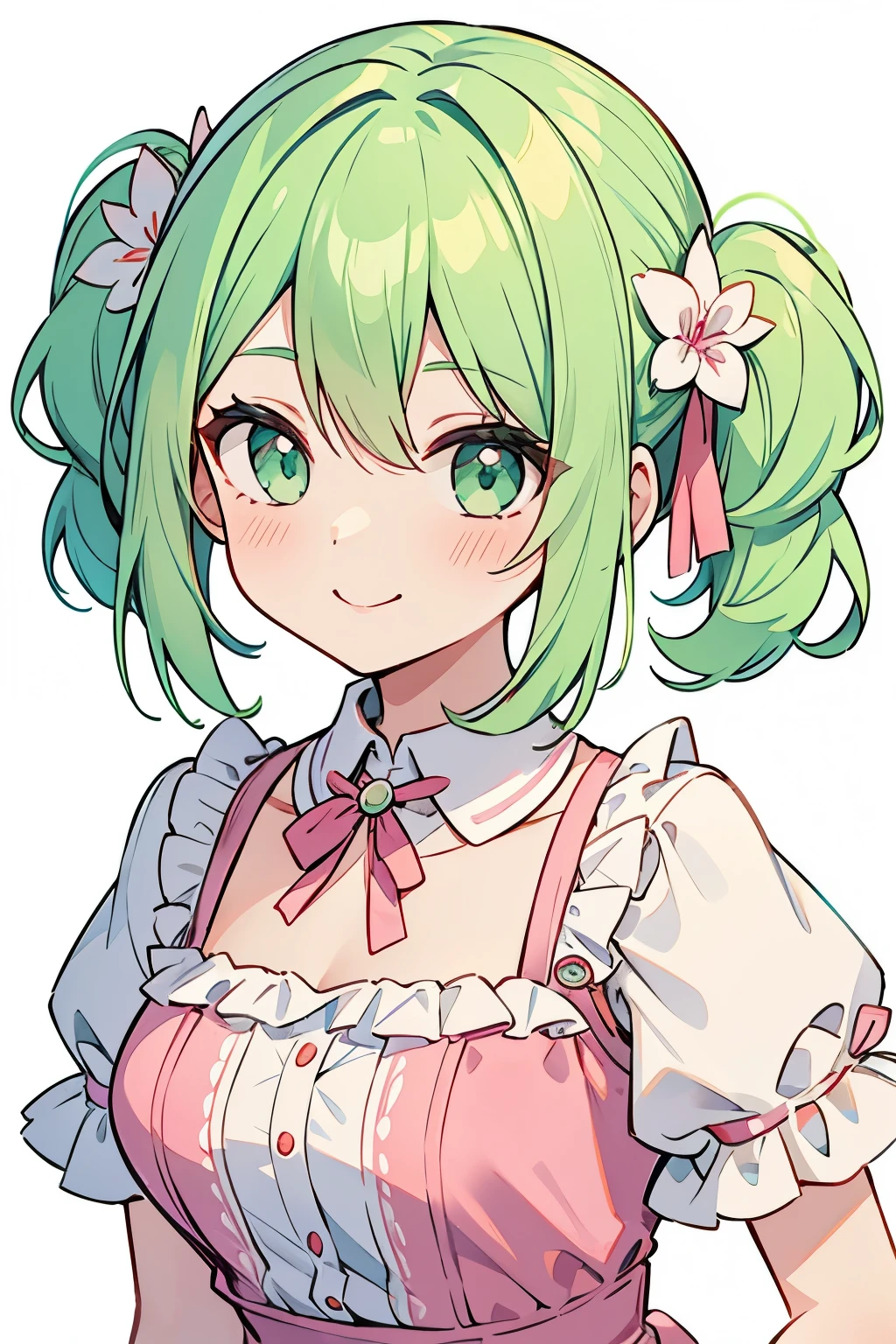 girl,A kind smile,mint green hair,bob hair,Two knots,Pink dress,White background