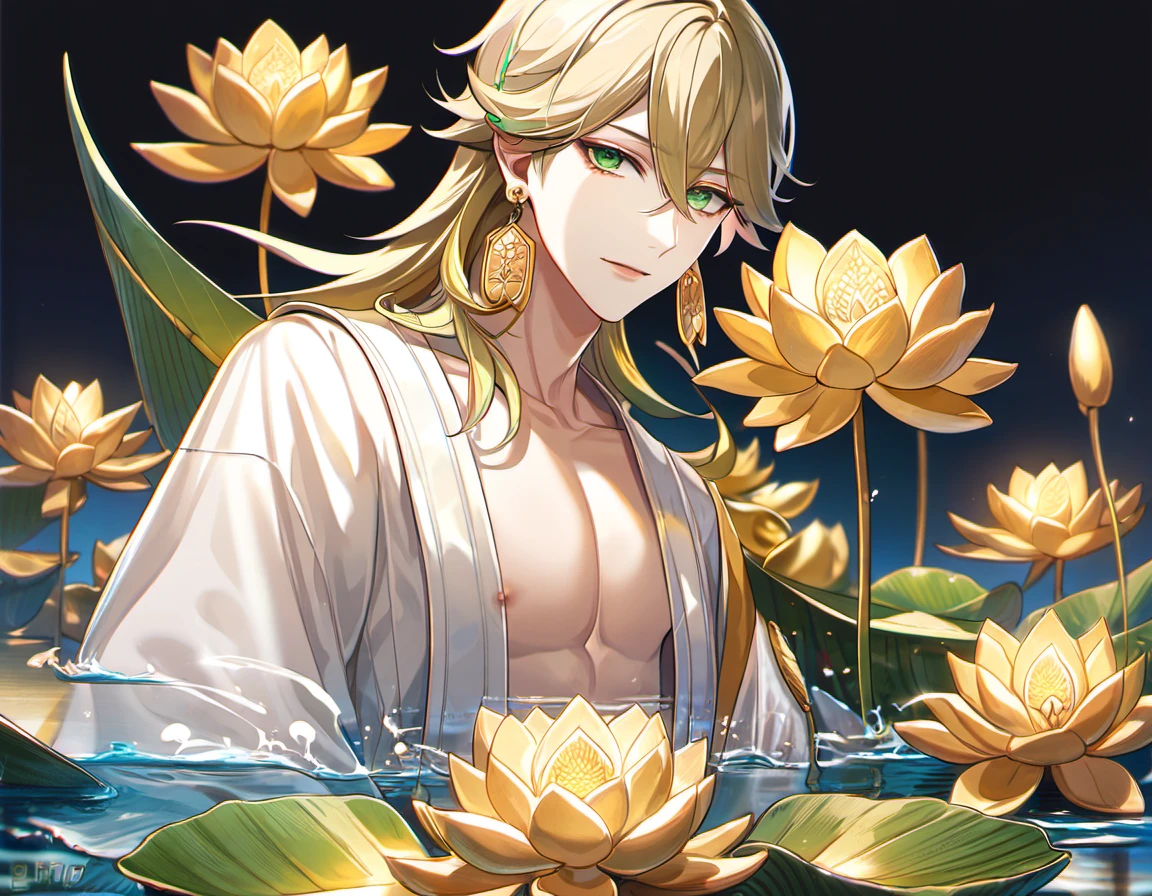 (absurdres, highres, ultra detailed, HDR), master piece, best quality, vibrant green eyes, 1man, handsome face, Taishakuten, ash blond hair, hair between the eyes, white tunic, showing the chest, golden lotus earrings, onmyoji, water, lotus
