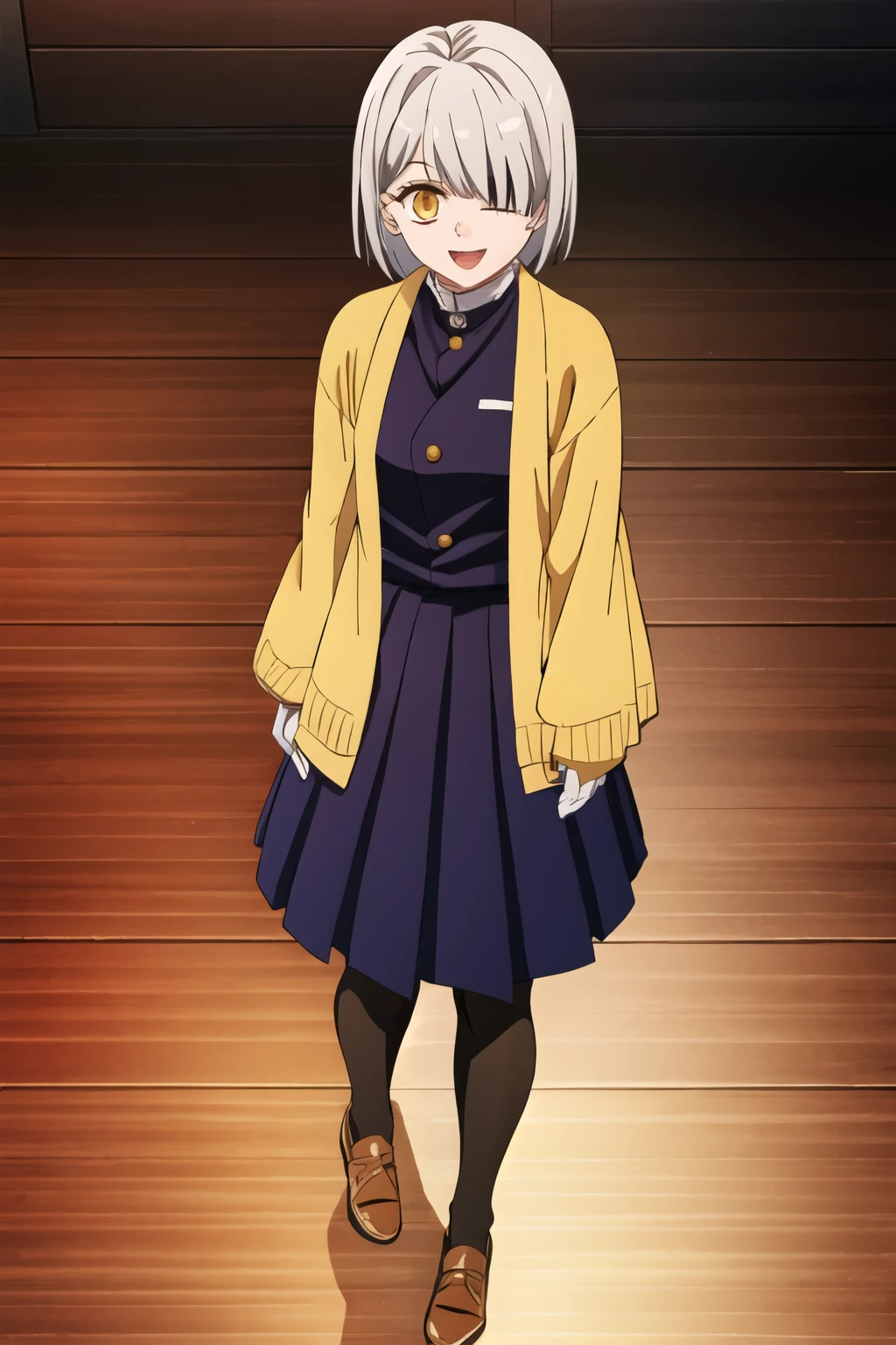 (Happy:1.3) (masterpiece), (unity 8k), danganronpa, (1girl:1.3), solo, cg, game cg, (ultimate tailor:0.9), large chest, ((silver hair)), messy hair, short hair, golden yellow eyes, star-based design, cardigan, black long gloves, brown shoes, skirt, black leg tights, leg warmers, spiral swirls in eyes, left eye hidden, bangs over left eye, ribbons, frills, lace, ((one eye hidden)), ((full body:0.7)),