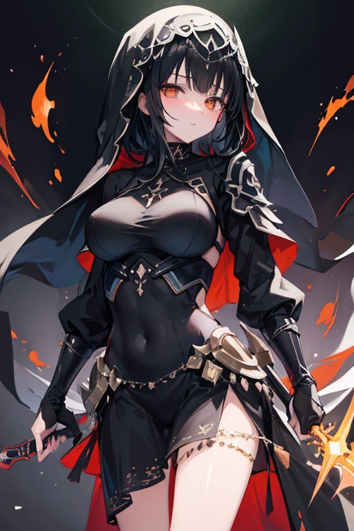 (masterpiece, best quality, expressive eyes), (anime), 1girl, olive skin, black veil, black assassin robes, black hair, orange eyes, holding a dagger, 