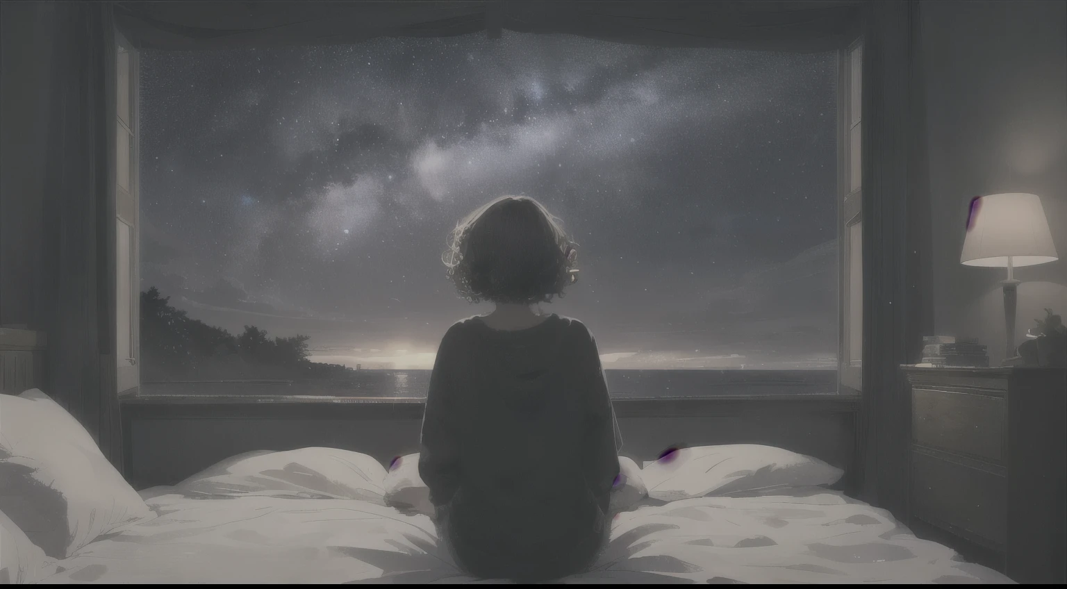 (highest quality: 1.5), (Super detailed: 1.5), (highest quality Photo: 1.5),Midnight,Outside the window, the sea as far as the eye can see, Starry Sky, Meteors, horizon, Pitch black sea, Midnight, Midnight, Milky Way, nebula, Very delicate and beautiful, very detailed, Mysterious, Cinematic Angles, 8k resolution, elegant, perfection, Smooth,Woman sitting on bed in bedroom, Sad expression, curly,Looking at the sky