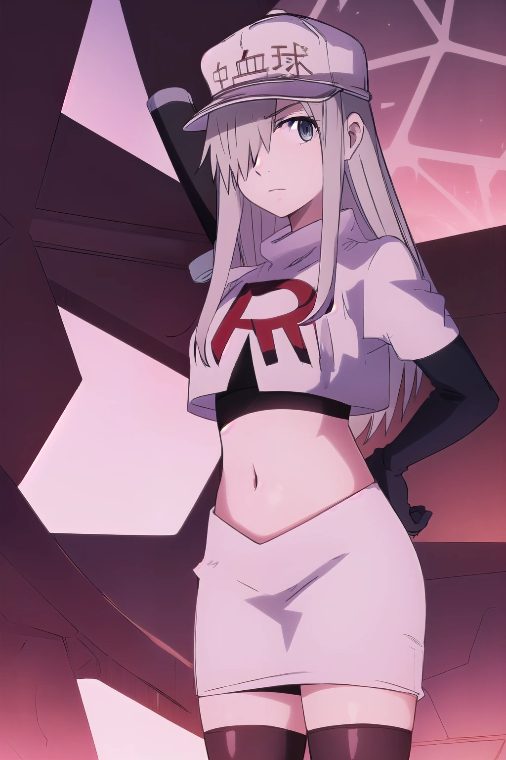 WBC, 1girl, solo, looking at viewer, hat, team rocket,team rocket uniform,white skirt,red letter R,crop top,black thigh-highs,black elbow gloves, fine detail, perfect quality, good quality, masterpiece, HDR, UHD 