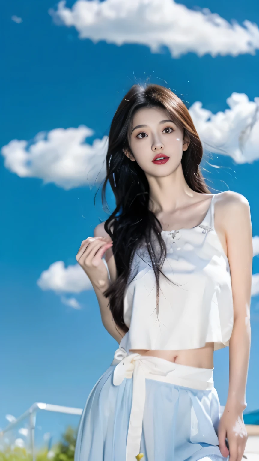 Elevation angle,Close-up,A girl standing,belly button,Hip skirt,Black long hair,Keep your chest up,Tummy tummy,Background is blurred blue sky and white clouds