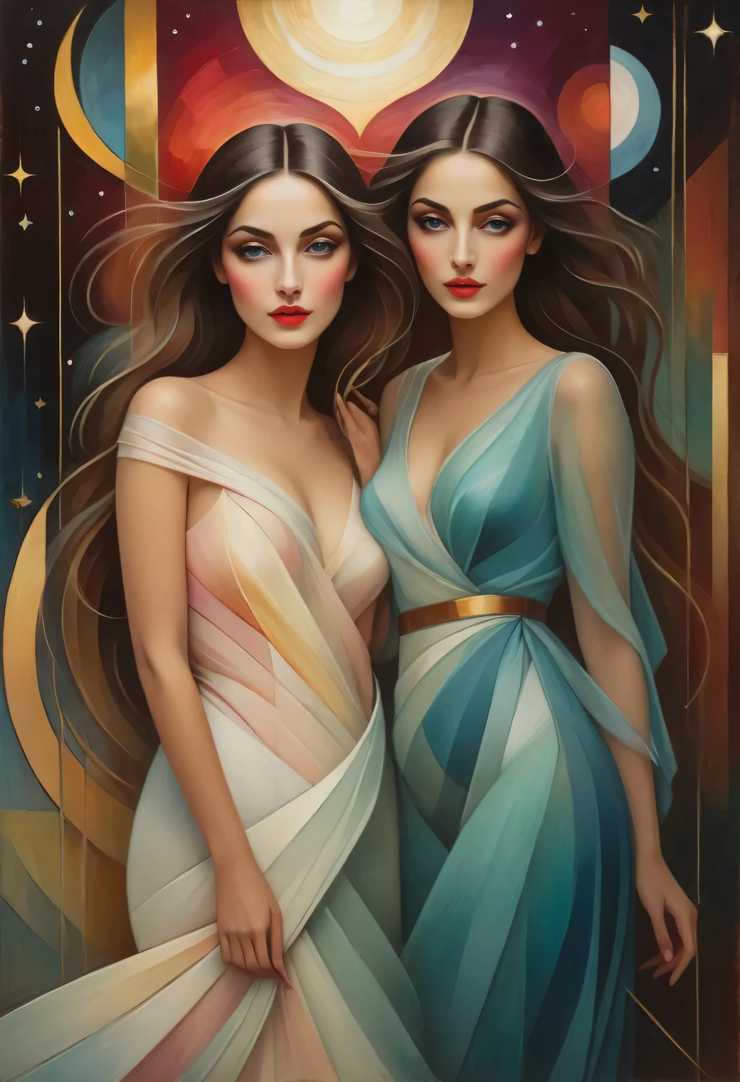 (best quality,actual,high resolution:1.2),pastel tones, painting,Impressionist strokes,from cubism, Fauvism to Surrealism and Abstraction, Beautiful and delicate eyes of a woman,Beautiful and delicate lips,flowing hair, Their artistic concepts and patterns are reflected in the clothing design.starry sky background