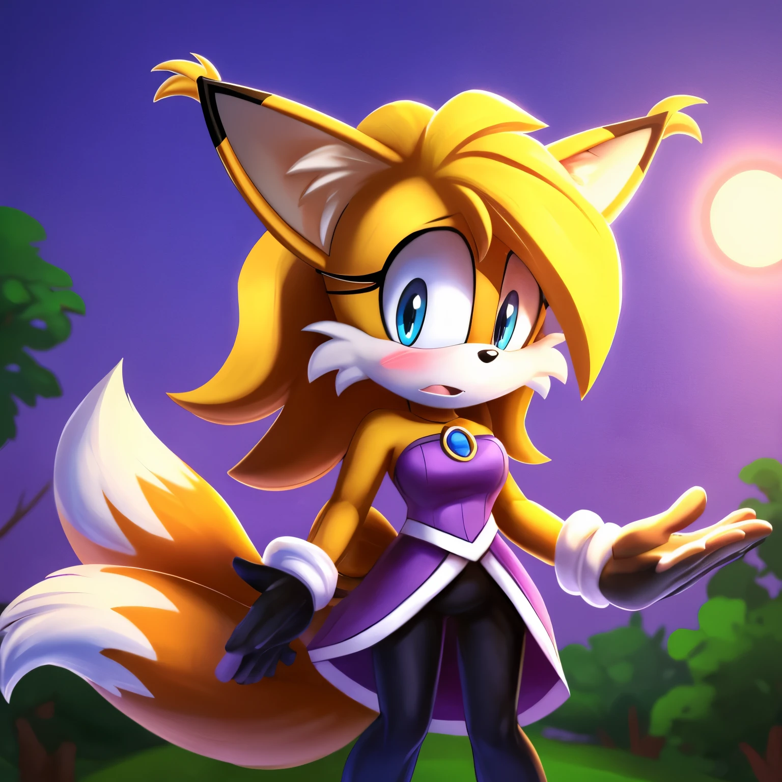 score_9, score_8_up, score_7_up, 2D, ((Masterpiece)), high quality, studio quality, solo, 1girl, (((Tails the Fox but female))), Female Tails, Female, Mobian, Fox, (((light yellow fur))), ((((long light yellow hair)))), light blue eyes, Nicole cosplay, Nicole the Lynx cosplay, Nicole outfit, looking at viewer, embarrassed expression, forest, lower back length hair, long hair, hair bangs, looking nervously/scared, furry female anthro, strapless purple dress, split dress, black pants, black and white gloves, purple cuffs, standing, looking at viewer, purple sleeveless dress with black and white split tails decorated with a white trim, and a small golden brooch with a purple gem