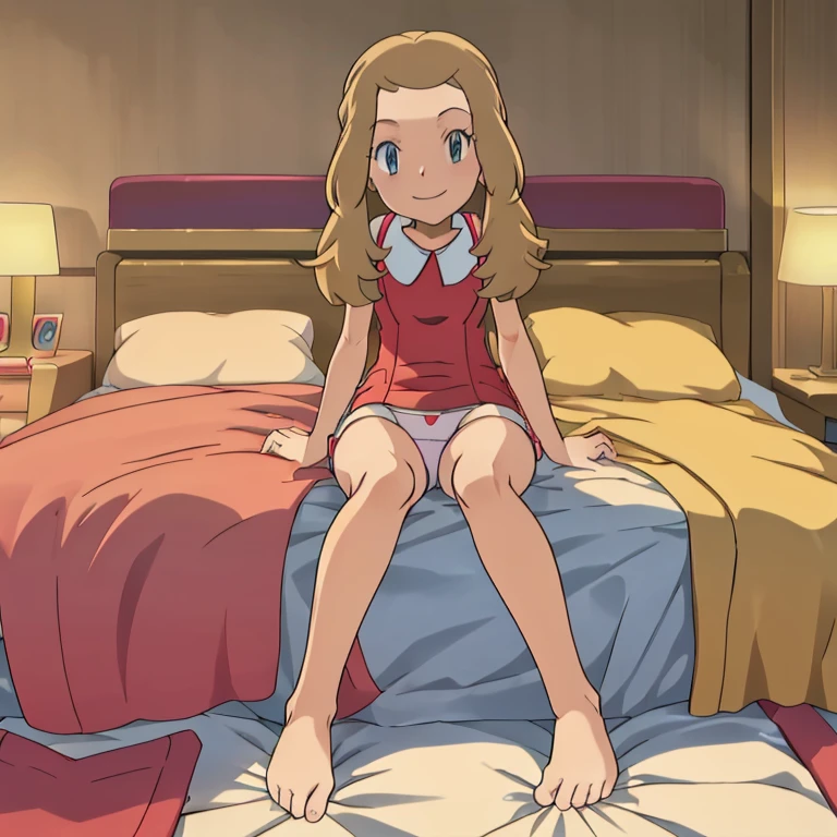 masterpiece, best quality, highres, girl's room, 1girl, solo, serena (pokemon), seductive, underwear, looking at viewer, bare legs, bare feet, side, seated on the bed, closed mouth, smiling.