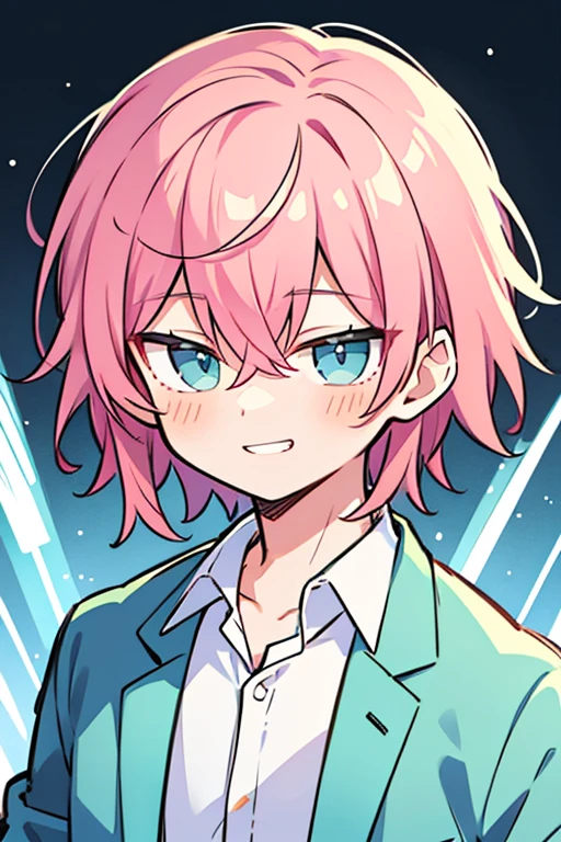 anime boy,1 boy, alone, watching viewers, upper body,male focus, 24 years old, green eyes, bangs, pink hair, hair between the eyes, light blue eyes, light blue jacket, white shirt, grinning