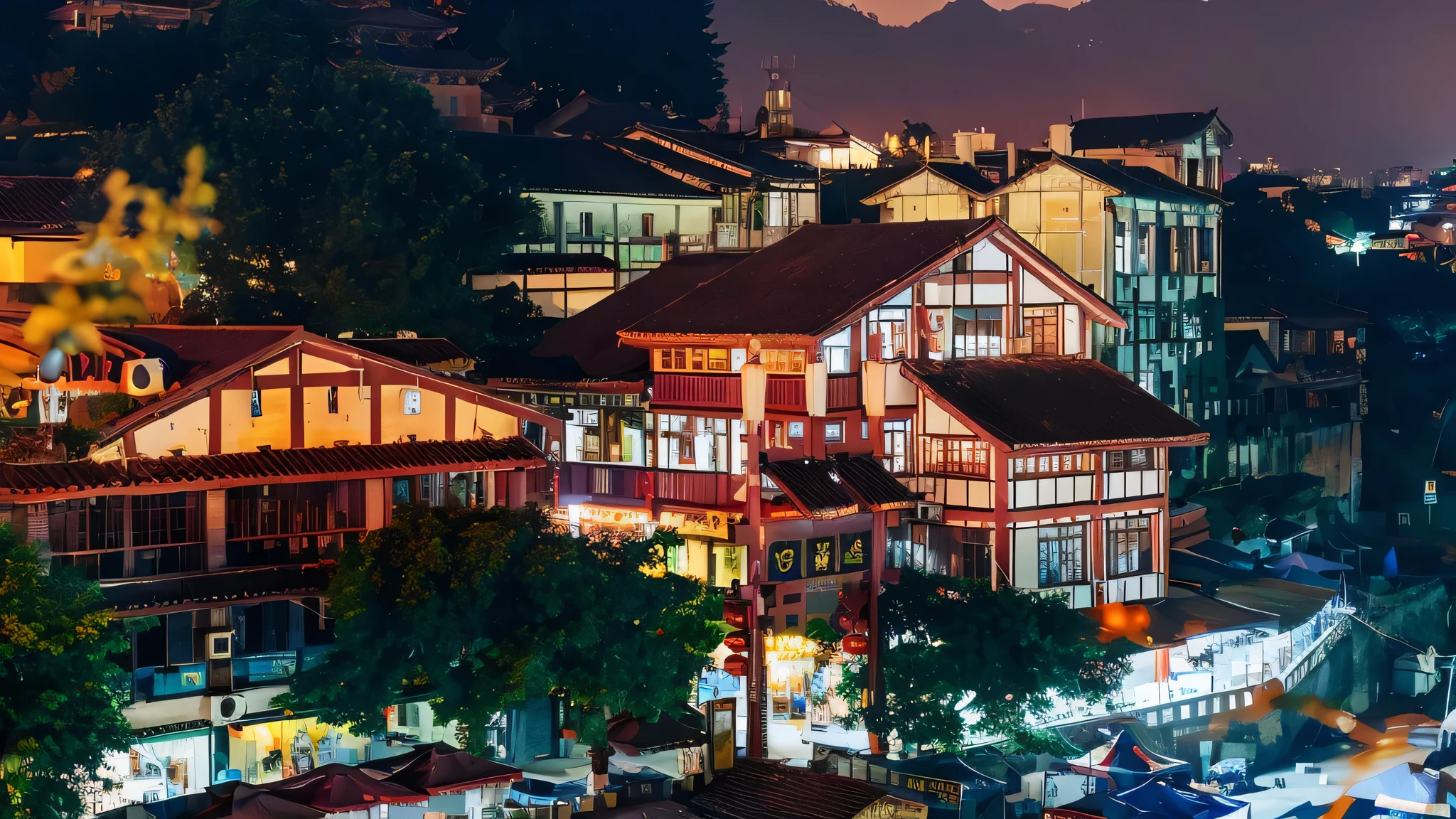 Aerial view of city houses at night,A mountain in the background, Dreamy Chinatown, like jiufen, Chinese Village, Chinese Architecture, Hangzhou, ancient Chinese Architecture, Night Shooting, A Japanese town, night, shan shui, an ancient, mood of night, Sichuan, Guangjian, jin shan, Chinese Architecture, Shanghai, Chinese