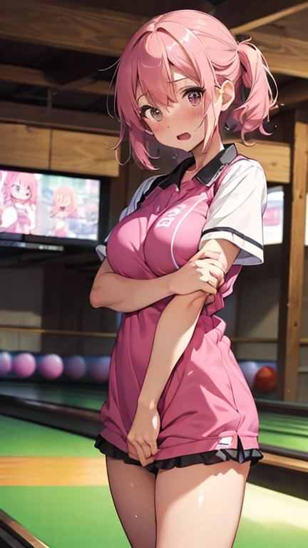 mastute piece,Best Quality,insanely detailed,8k cg,nsfw,
(shoot upper body:1.3),
(1girls:1.3),standing,looking at viewr,body in front,both arms behind back,(bowling-uniform:1.3),(bare breasts:1.4),(bare nipples:1.4),
break,
blush,shy,(ecstasy face),(trembling:1.2),break,(light pink hair:1.2),
break,
perfect breasts,perfect teats,(open mouth:0.9),(large breasts:1.2),
(bowling-alley)、