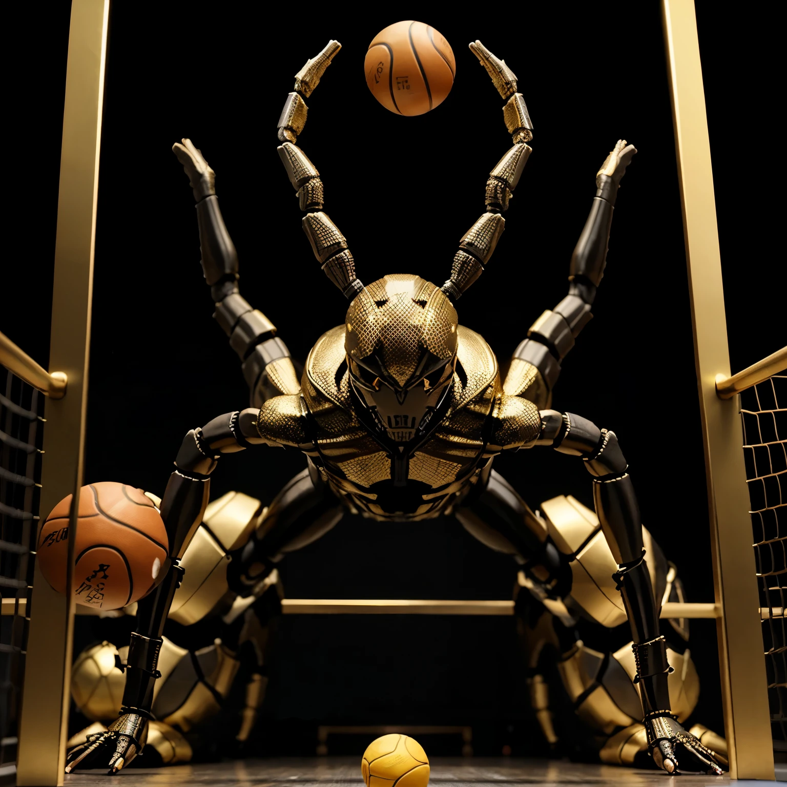 3D black and gold humanoid scorpion playing basketball 