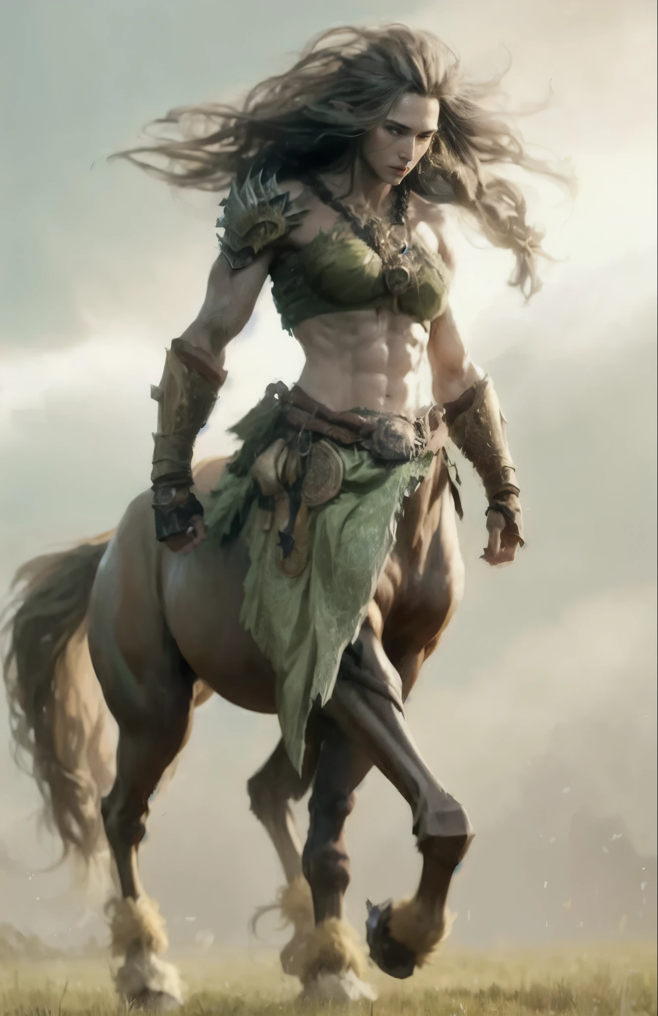A woman in green riding a horse in a field, muscular female druid, Muscle Warrior Woman, 男性Centaur Centaur嵌合体, Centaur, very beautiful female barbarian, Centaur, adam driver as Centaur warrior, female barbarian, complex Fantasy Characters, 希腊神话中的Centaur, epic Fantasy Characters art, Fantasy Characters, Female humanoid