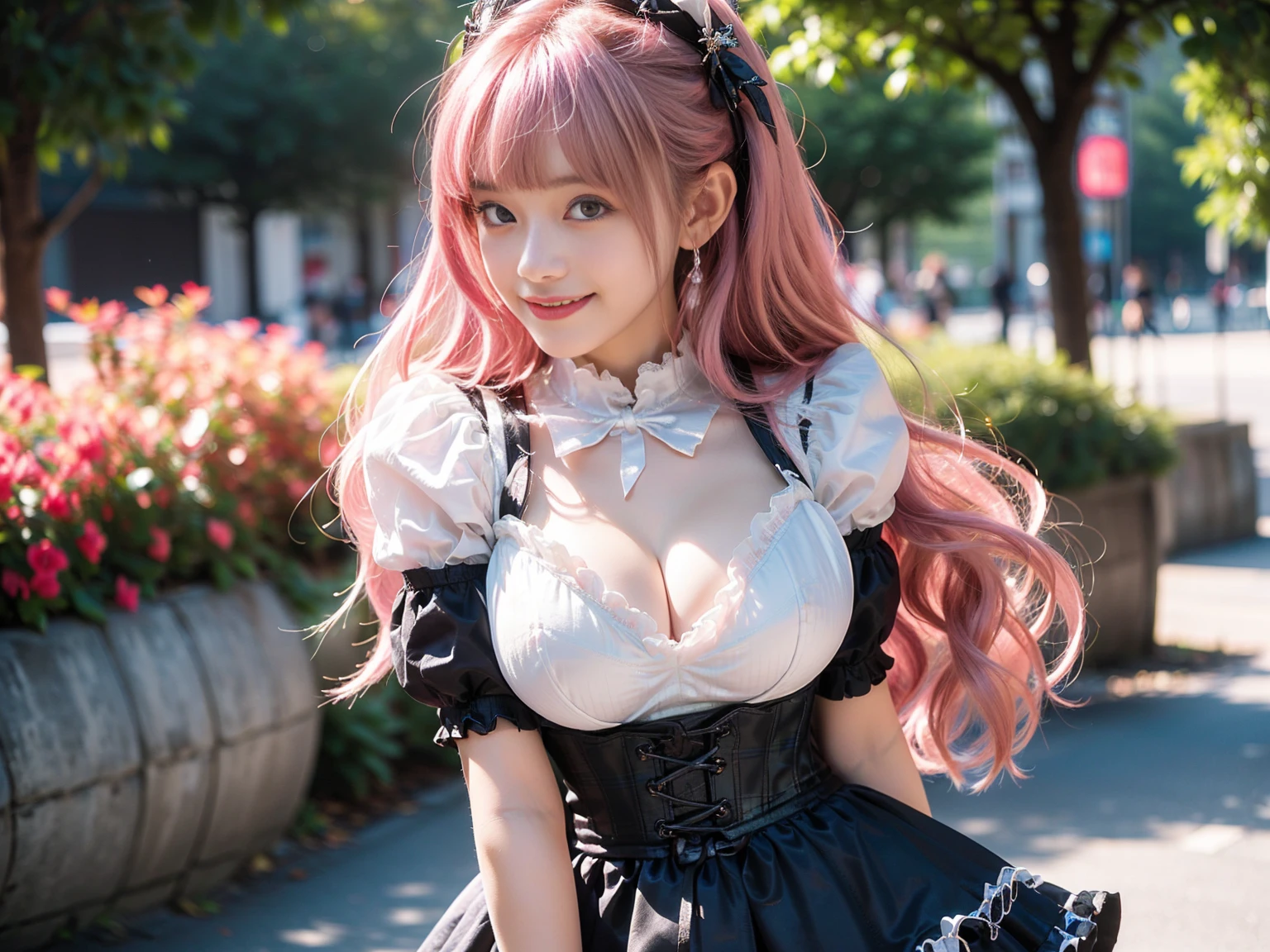 (masterpiece, realistic, photo-realistic:1.2), finely detail, ultra high res, perfect anatomy, best quality, 8K, soft focus, upper body shot, (happy smile:1.3), (2girls, Japanese girls, height 1.5meters:1.2), (gothic lolipuffy short sleeves, corset vest, mini-skirt, frills, gothic maid with tartan checked patterns, elaborated costume:1.2), (sexy pose emphasized breasts, standing on road, cleavage, focus on breasts:1.2), (light pink hair, blunt bangs:1.2), beautiful detailed face and big eyes, (white and smooth skin, glowing fair skin:1.3), (pointed huge breasts, gigantic breasts:1.3), (bloom, detailed background, beautiful downtown, superb view in Harajuku:1.2),