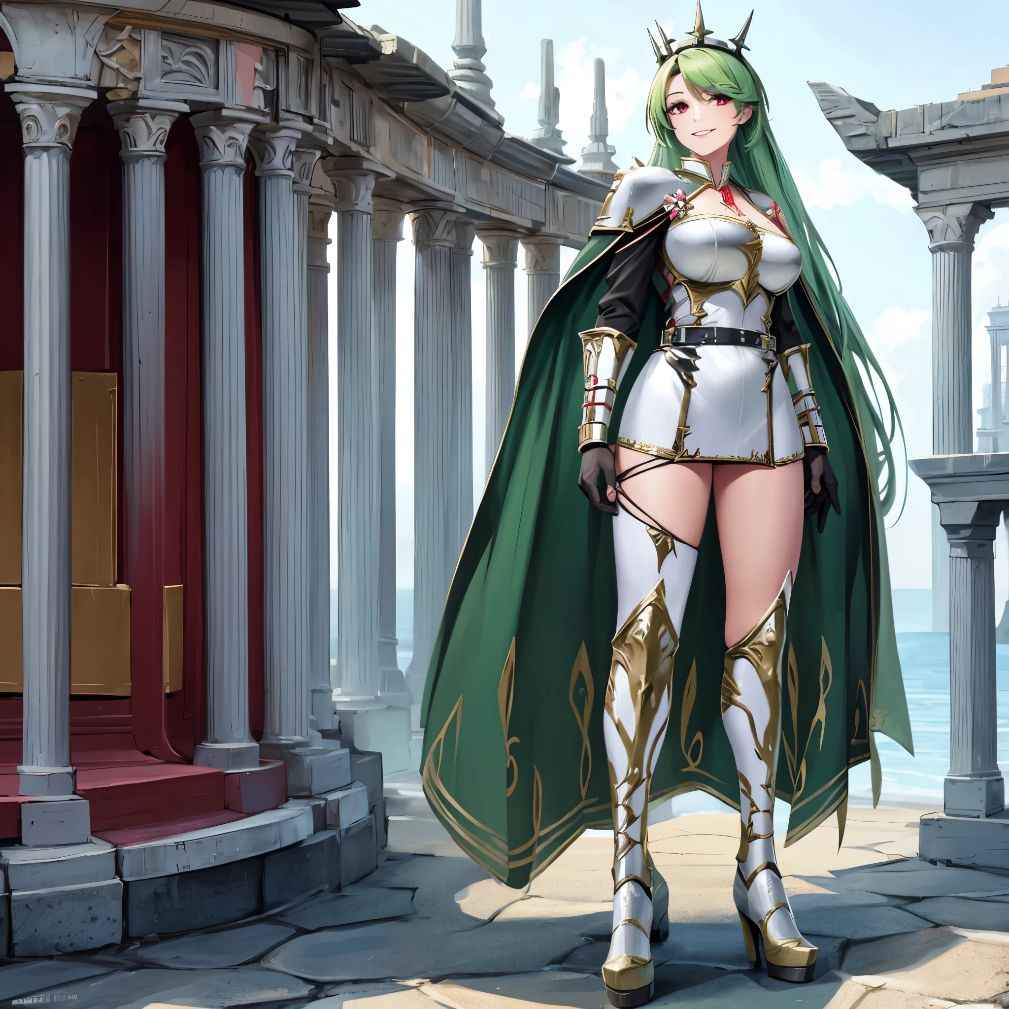 A woman wearing Lorica segmentata armor, plate armor breastplate, short green skirt, metal boots, Roman centurion helm, long green hair, red eyes, smiling, standing on a concrete Roman temple platform on white background,full body,(woman solo)ultra resolution, very detailed, HDR, masterpiece, 8K hd
