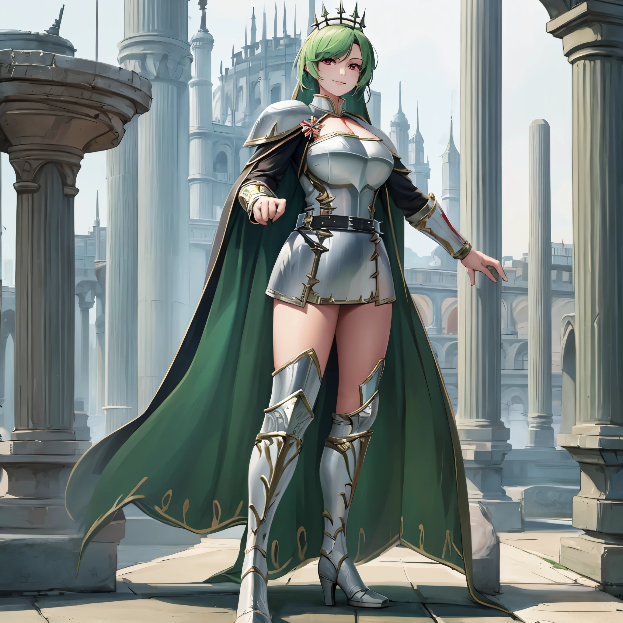 A woman wearing Lorica segmentata armor, plate armor breastplate, short green skirt, metal boots, Roman centurion helm, long green hair, red eyes, smiling, standing on a concrete Roman temple platform on white background,full body,(woman solo)ultra resolution, very detailed, HDR, masterpiece, 8K hd
