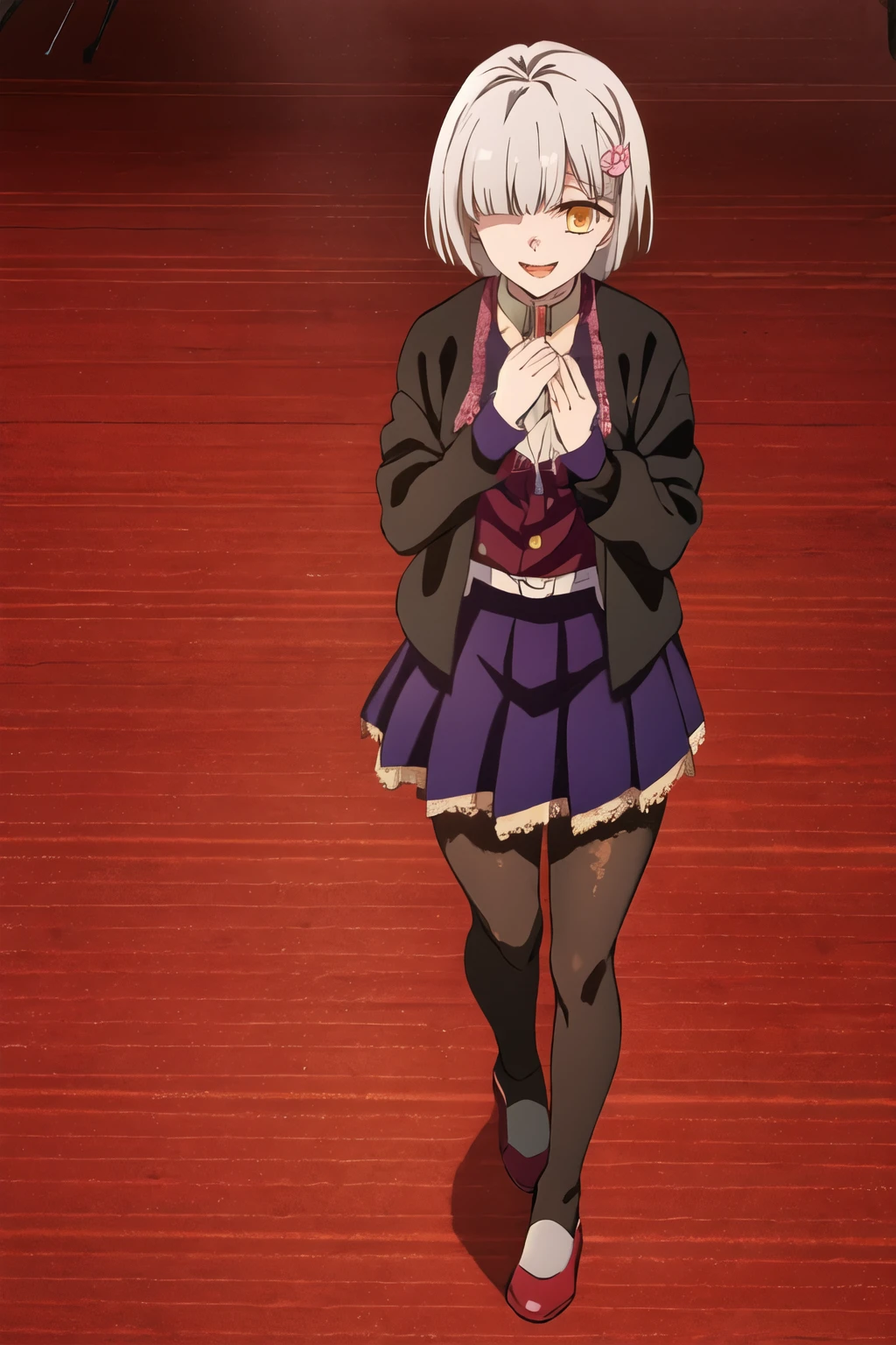 (Happy:1.3) (masterpiece), (unity 8k), danganronpa, (1girl:1.3), solo, cg, game cg, (ultimate tailor:0.9), large chest, ((silver hair)), messy hair, short hair, golden yellow eyes, star-based design, cardigan, black long gloves, brown shoes, skirt, black leg tights, leg warmers, spiral swirls in eyes, left eye hidden, bangs over left eye, ribbons, frills, lace, ((one eye hidden)), ((full body:0.7)),