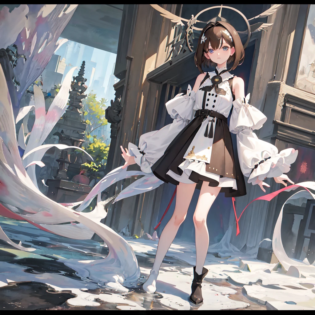 1girl,Standing in front of the viewer、masterpiece、Very detailed、Surreal、Watercolor and ink painting、high waist、Brown and dark brown houndstooth A-line dress、Dark piping、Puff sleeves、Super detailed、super beautiful、white straight short hair、Knee-high boots、Young woman dancing wearing、lean muscular body、Perfect Eyes Eyes、chara-sheet,Symmetrical、