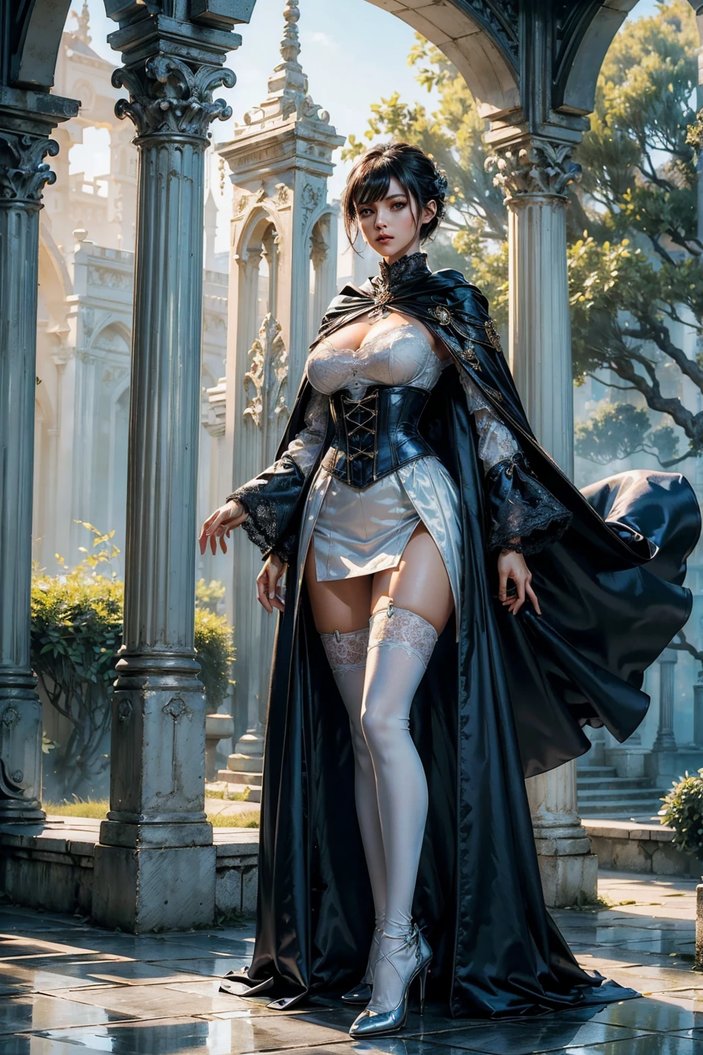 ((show full body from head to toe, standing, body facing to the viewer (show front body)). Tall body, fit body, slender body, medium breast. A female wizard wearing blue and white clothes, long sleeves(lace sleeves), skirts, corset, cloak, robes, cape, gloves, stockings, show heels(closed heels). short hair with updo. Masterpiece:1.5, illustration:1.1, best quality:1.5, fine detail, 4k, HDR, balance focused camera view, middle camera view, vertical scape camera, natural lighting, bright lighting, sunlight, sharp focus, smooth detail, HDR. Outdoor at a town