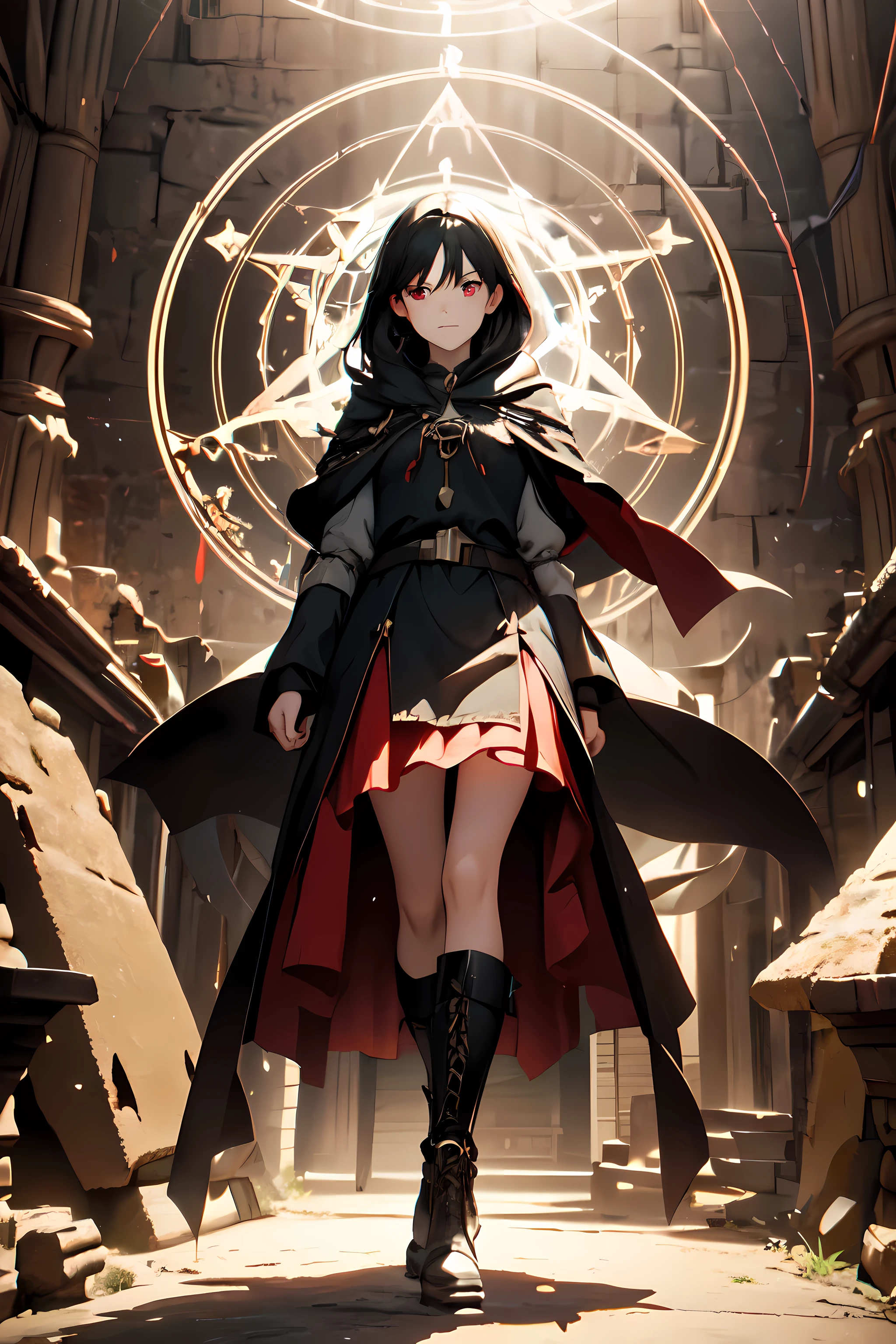1girl, magic circle, long black hair, red eyes, neutral expression, medium length medieval green dress with hoody, high boots, heroines, porcelain skin, large eyes, inside an old cave of ancient ruins, full body, enhanced beauty, Albert Anker, Feeling like Albert Anker, Kyoto Animation, Feeling like Kyoto Animation, luminism, 3d render, octane render, cinematic, Isometric, awesome full color,
