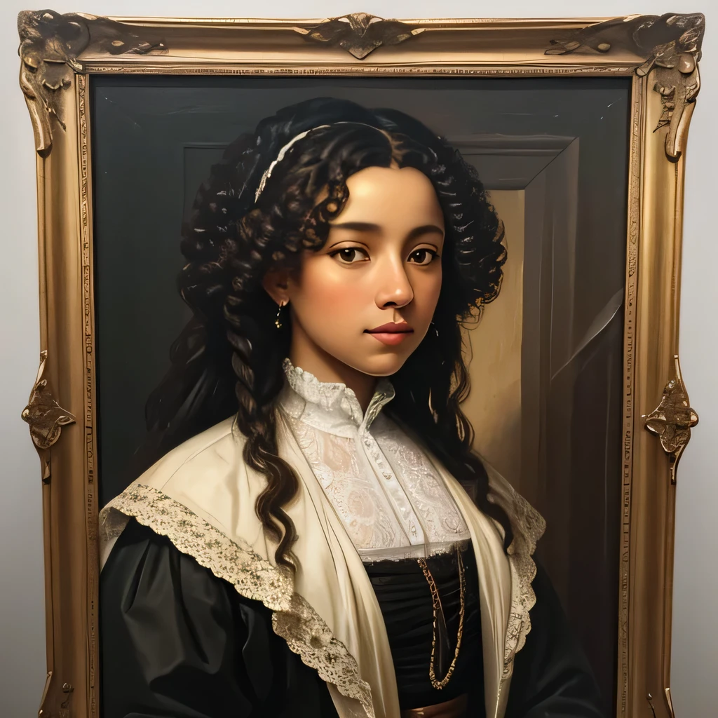 Oil painting of 19th century american woman, 16th century oil painting portrait, biracial woman, Brown skin, curly hair, oil painting filter, aristocratic clothes