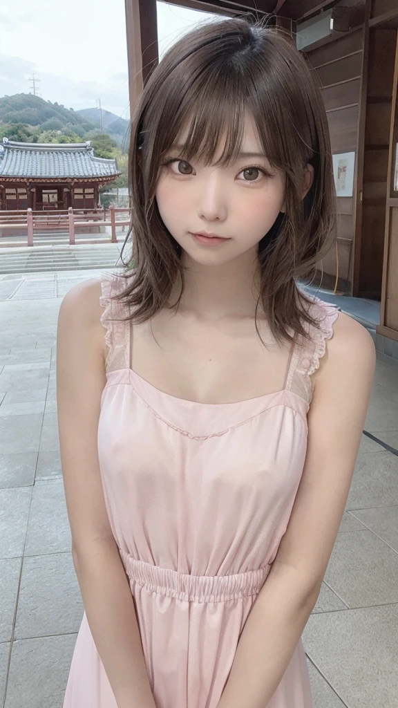 (8k, RAW Photo, Best Quality, Masterpiece: 1.3), breakone girl, (a beauty girl, delicate girl:1.3), (21 years old:1.5), break, (Pink dress:1.5), break, Extremely fine grain definition, (Symmetrical eyes:1.3), break, Small breasts, Brown eyes, Parted bangs, brown hair, girl, break, (Eye and facial details:1.3),break,smile,With Hasedera Temple in the background,With Hasedera Temple in the background,With Hasedera Temple in the background,With Hasedera Temple in the background
