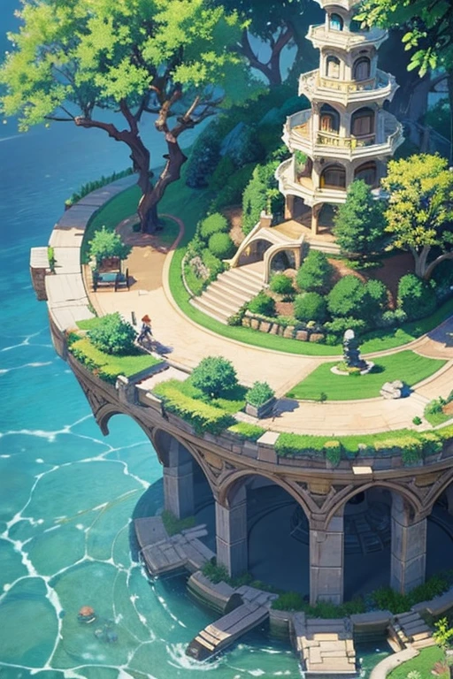 fantasy world, estilo isekai de anime, zona de comercio en la playa, estilo pixel art