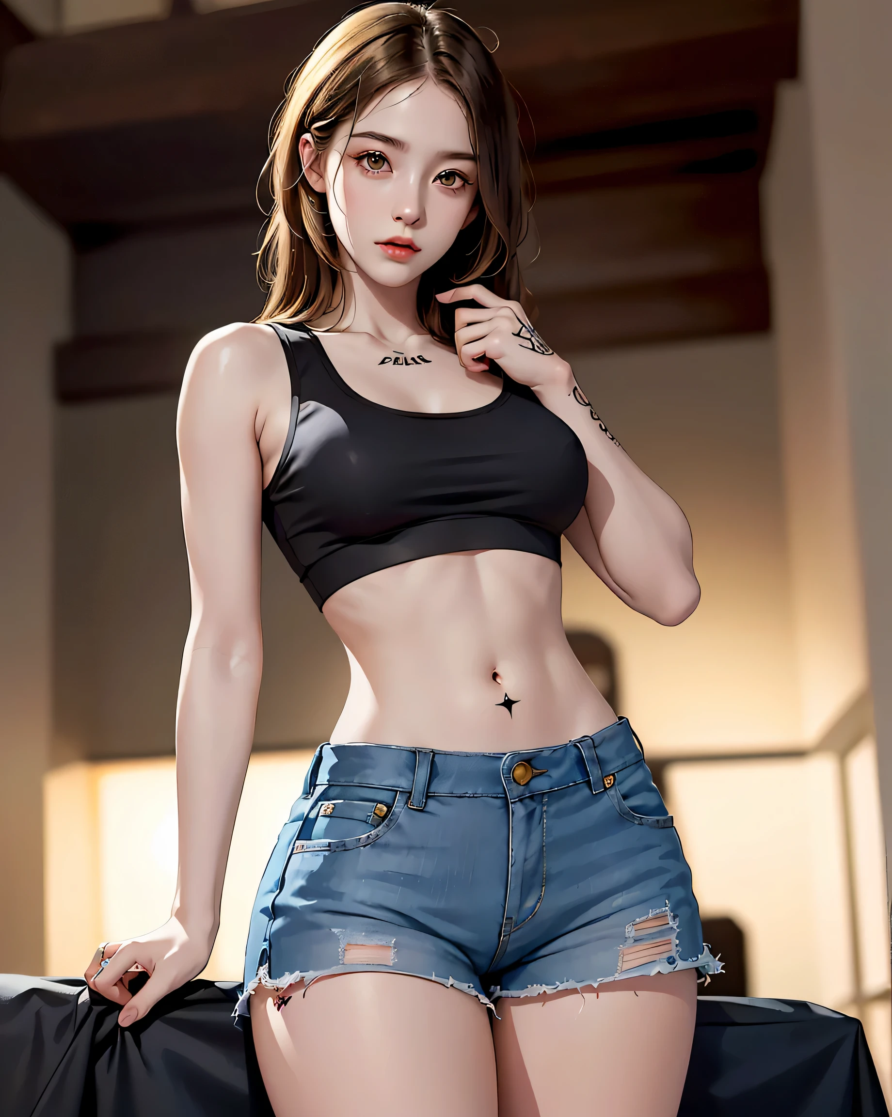 (NSFW:0.7), Perfect Style, Beautiful Face, Highly detailed face and skin texture, (Maximum resolution: 1.2), 1 female,Hip Up, jewelry, (((Has a lot of tattoos all over his body)), Streetwear, Sports Bra, Golden Hair, Shorts, sneakers, (((Narrow waist))), ((Big Breasts)),(See-through)