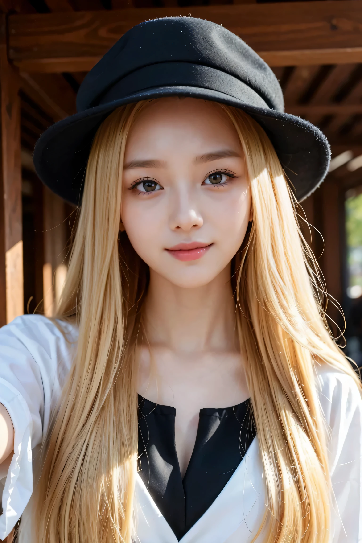 (masterpiece,highest quality,8K,RAW Photos,Beautiful and aesthetic:1. 2), complex detail, ultra-detailed, (realistic skin), (((full body is in the frame))),Close-up of a long blonde hair woman wearing a hat, Larisa Manovar, Ulzzang, 8K Selfie, BLACKPINK's Larisa Manovan, Very cute face, Long blonde hair and big eyes, Korean Girls, Cute natural anime face, Real life anime girls, Nam Jae-young, Full body photo, Put the whole body in the frame, Wearing a black hat、Smiling and having fun