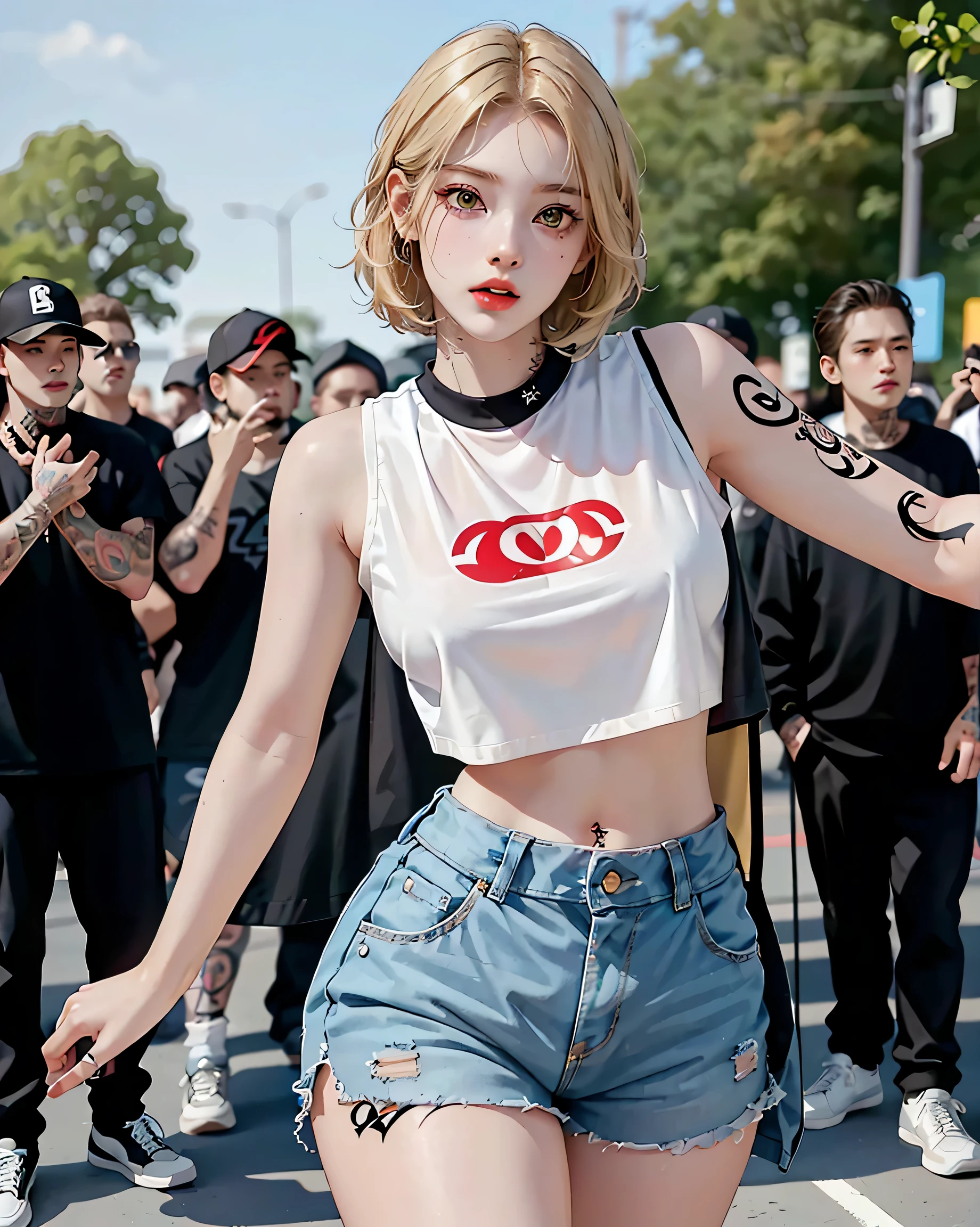 (Browsing Caution:0.7), Perfect Style, Beautiful Face, Highly detailed face and skin texture, (Maximum resolution: 1.2), 1 female,Hip Up, jewelry, (((He has many tattoos all over his body)), Streetwear, Play sports often, Blonde, Shorts, sneakers, (((Tight waist))), ((Big Breasts)),(See-through)