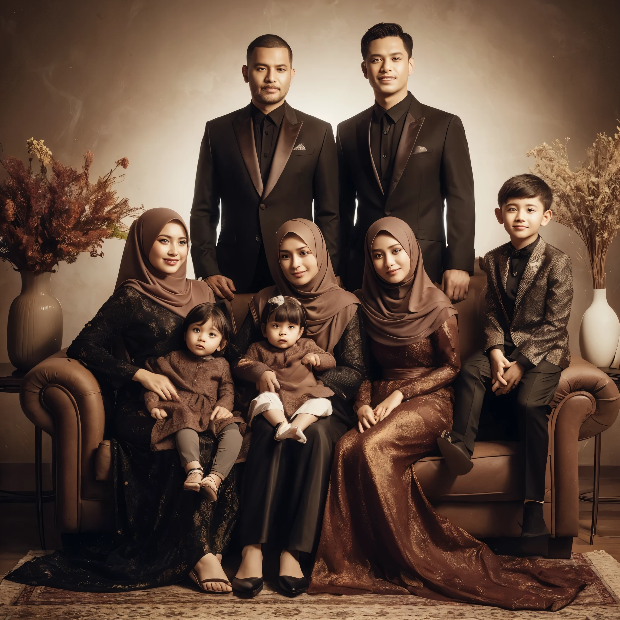 Family photo in Indonesia, eight members, father and mother aged 50, sitting on the sofa, hugging two girls aged 2 and 3, one boy  sitting in the middle, and two women in hijab and one man standing behind the sofa, wearing luxurious formal black Muslim attire and brown sharia long dress, looking luxurious, studio photo, dark brown abstract background, white lighting, realistic dried flower vase decoration, UHD, 8K. 