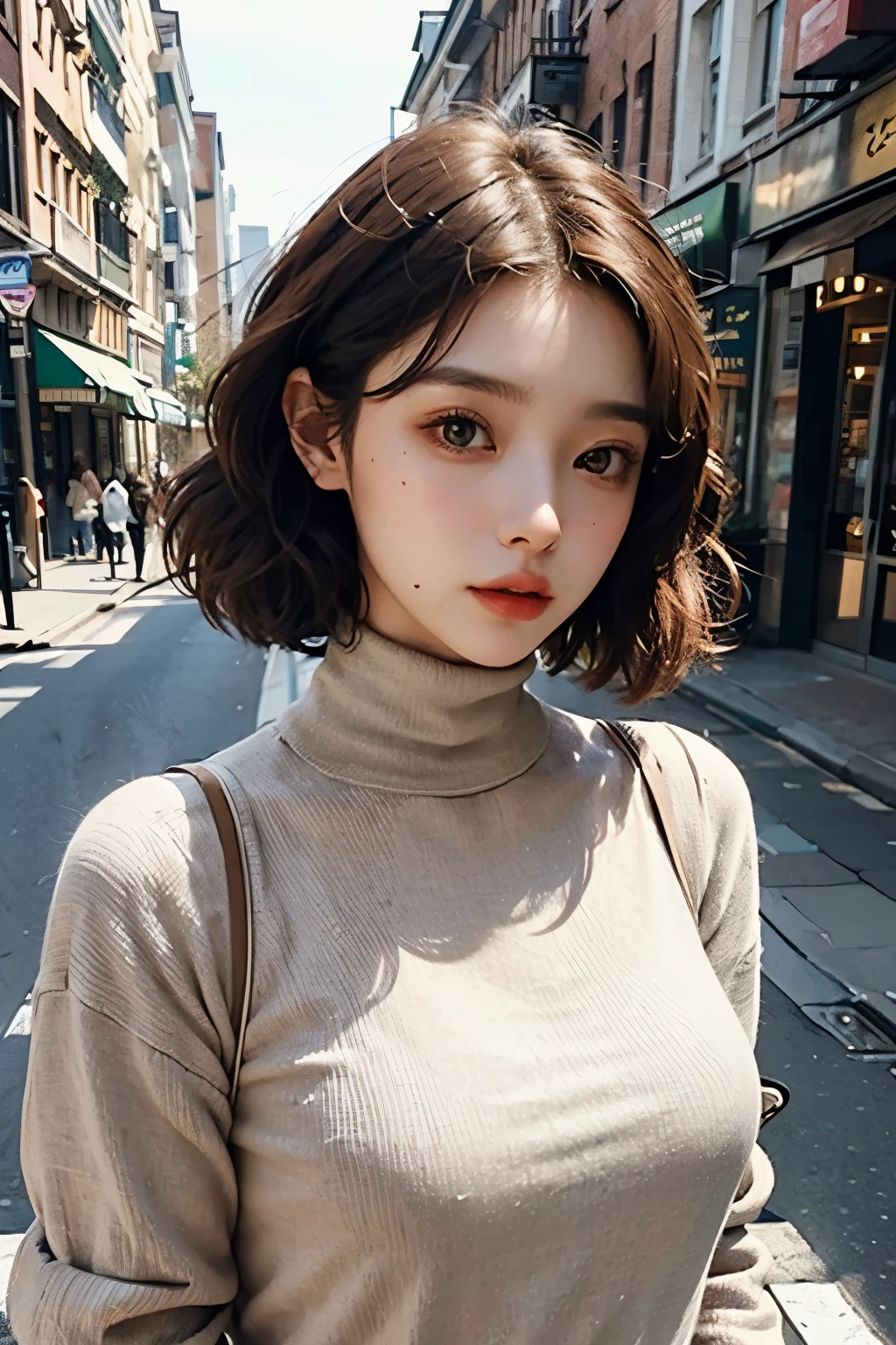 Beautiful woman with detailed body、tiny chest、The upper part of the body、Brown bob hair、perm、street corner、date、Her、turtle neck