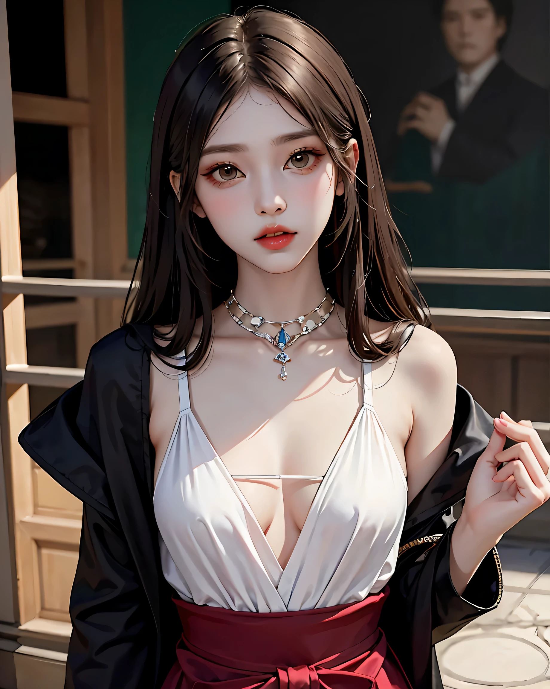 wgz style,Highly detailed portrait of a beautiful woman,perfect woman makeup,Classical Oil Painting,Shirow Masamune, William Tae Kim,Large Breasts,Small waist,revealing clothing