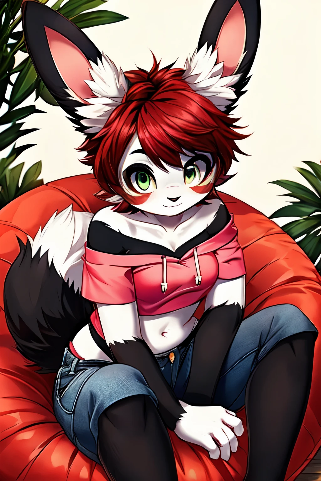 furry, (black and white fur), 1girl, animal nose, gold hearts, eye makeup, green eyes, red hair, (panda girl), (bunny girl), black bunny ears, black cat tails, pink shortsleave hoodie, ((off shoulder)), cute purple undershirt, ((crop top)), blue jean shorts, cute pose, cowboy shot, Take from below, sitting in beanbag chair, Nuwa Nightstone