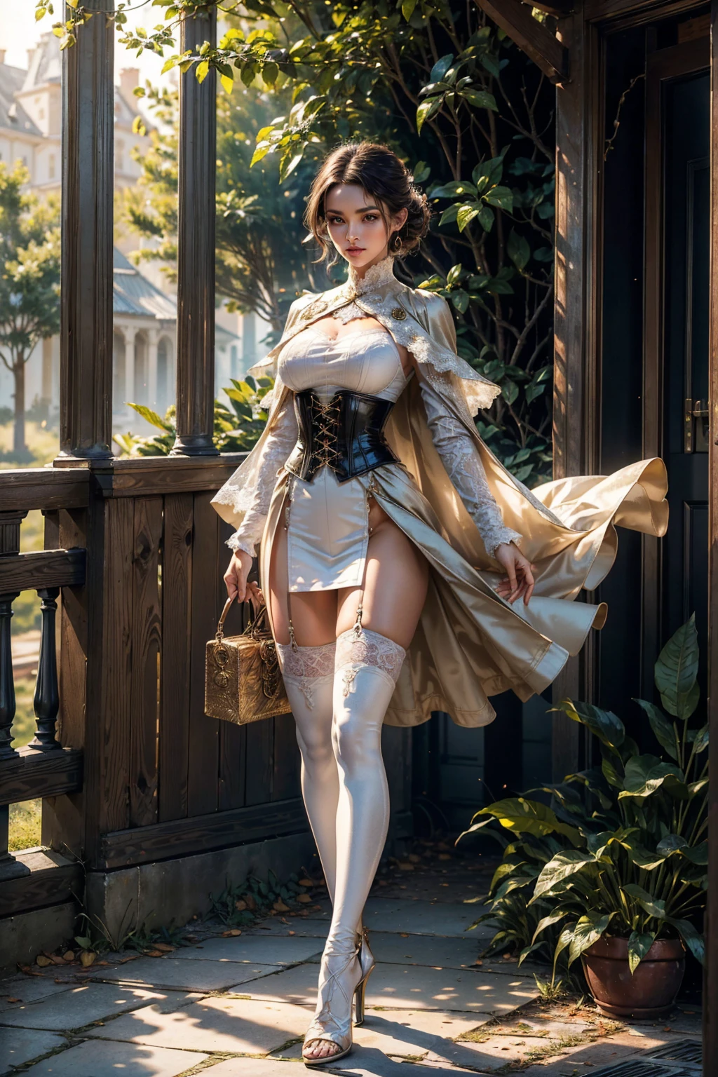 ((show full body from head to toe, standing, body facing to the viewer (show front body)). Tall body, fit body, slender body, medium breast. A female wizard wearing blue and white clothes, long sleeves(lace sleeves), skirts, corset, cloak, robes, cape, gloves, stockings, show heels. short hair with updo. Masterpiece:1.5, illustration:1.1, best quality:1.5, fine detail, 4k, HDR, balance focused camera view, middle camera view, vertical scape camera, natural lighting, bright lighting, sunlight, sharp focus, smooth detail, HDR. Outdoor at a town