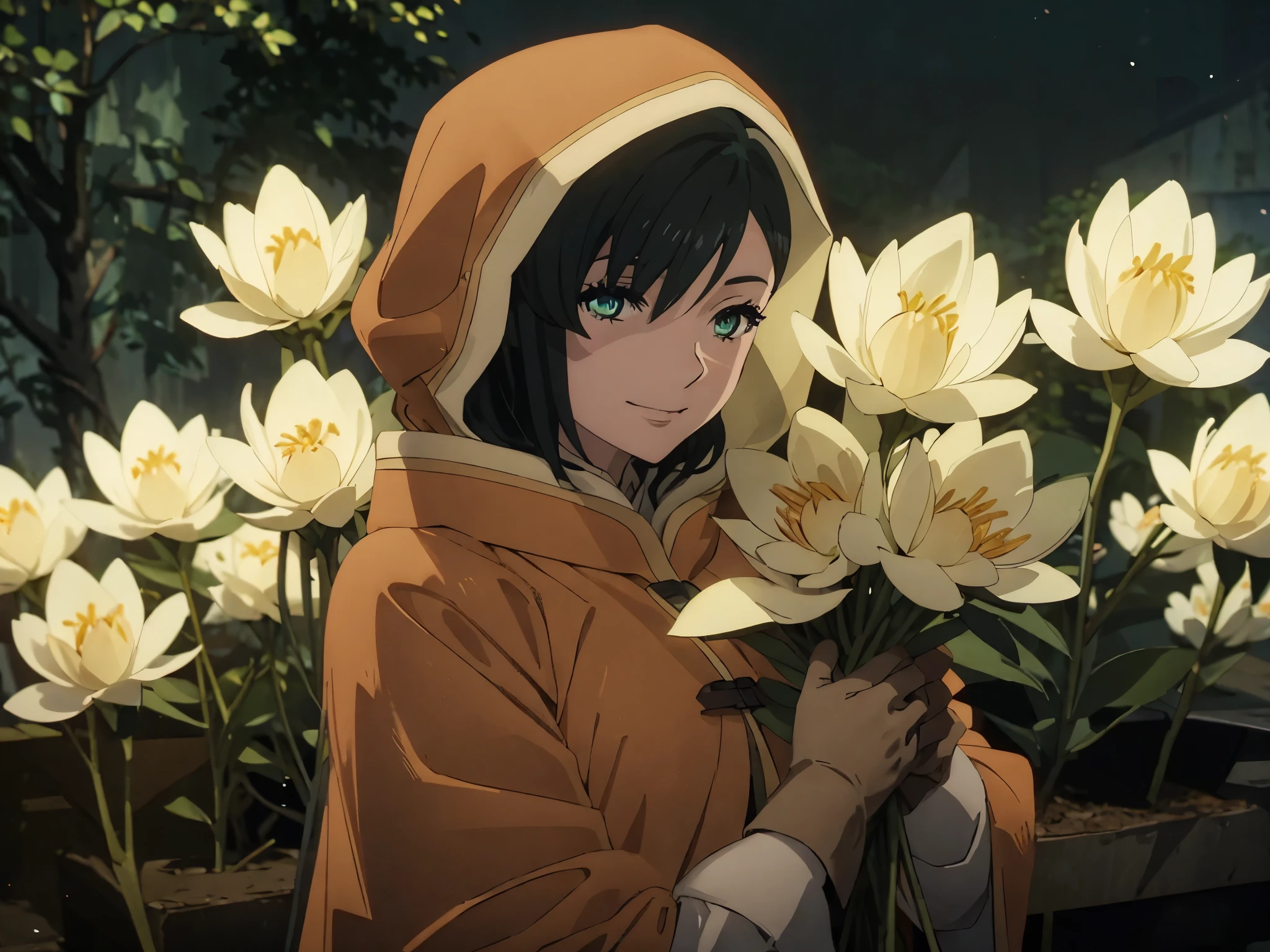 LilyNier, smiling, holding an armful of softly glowing white flowers, night-time