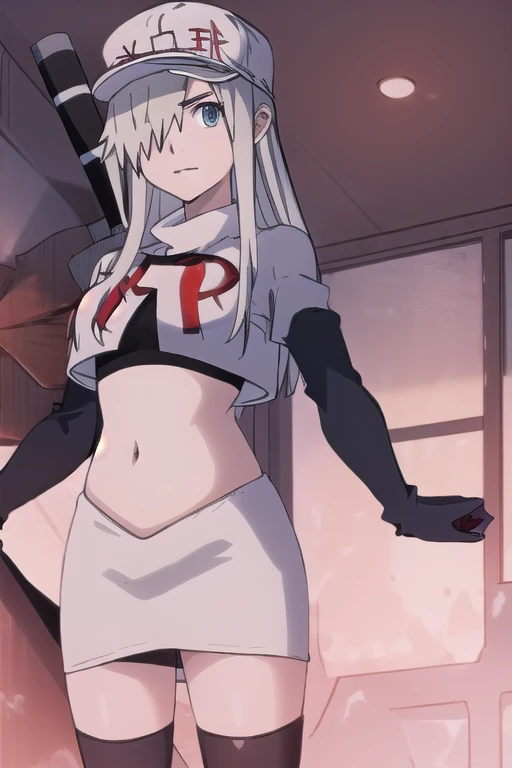 WBC, 1girl, solo, looking at viewer, hat, team rocket,team rocket uniform,white skirt,red letter R,crop top,black thigh-highs,black elbow gloves, fine detail, perfect quality, good quality, masterpiece, HDR, UHD 