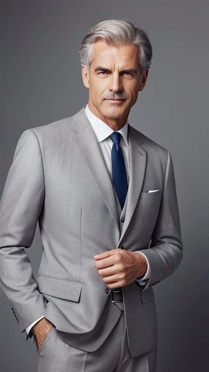 A smart, grey-haired man wearing an elegant, shiny grey suit Upper Body European-looking, late 50s~Early 60s Highest quality