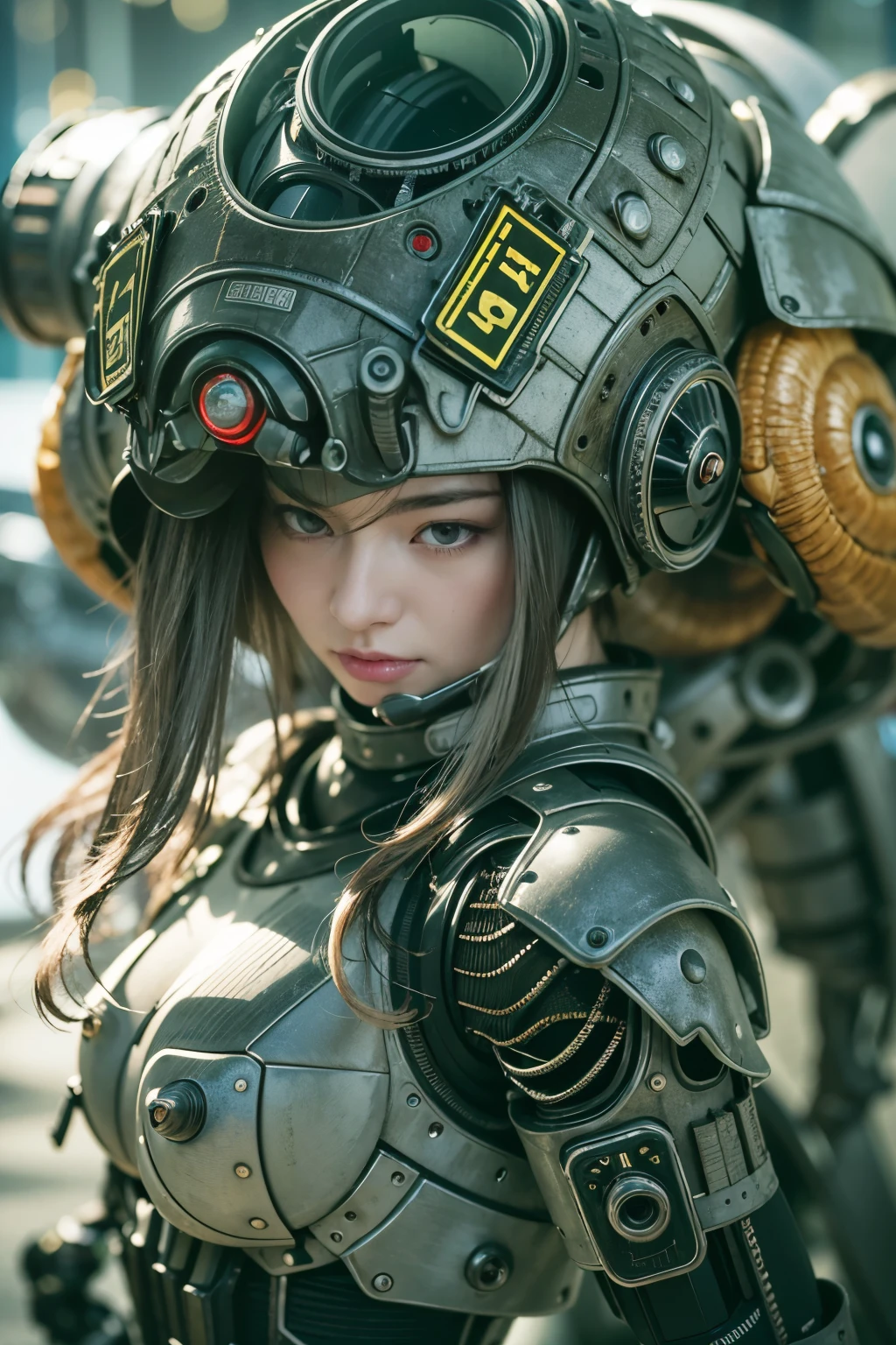 (Masterpiece, Best Quality: 1.2), (8K UHD, 16K, 32K, Ultra High Resolution), (Photorealistic: 1.37), (RAW Photo), Ultimate Reality, Ultimate Realistic Detail, Ultimate Realistic Texture , extremely intricate details (mechanical armor fused with a snail), power pipes, easy to understand, extremely intricate details, Japanese female soldier wearing mechanical armor, extremely cute face, extremely beautiful face, realistic, Full body shot, shot from the dawn of a secret base, cyberpunk