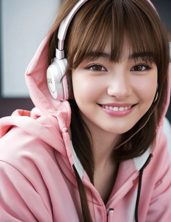G is, One Girl, Detailed skin, View your viewers, Brown eyes, (Medium hair with bangs:1.2), (Medium Chest:1.0), (Central areola:0.8), 
(Realistic:1.4), (highest quality:1.0), (Ultra-high resolution:1.0), 8k, RAW Photos, (masterpiece:0.2), (Pyros Face_v1:0.5), Pink hoodie, Gaming Chair, headphone, smile