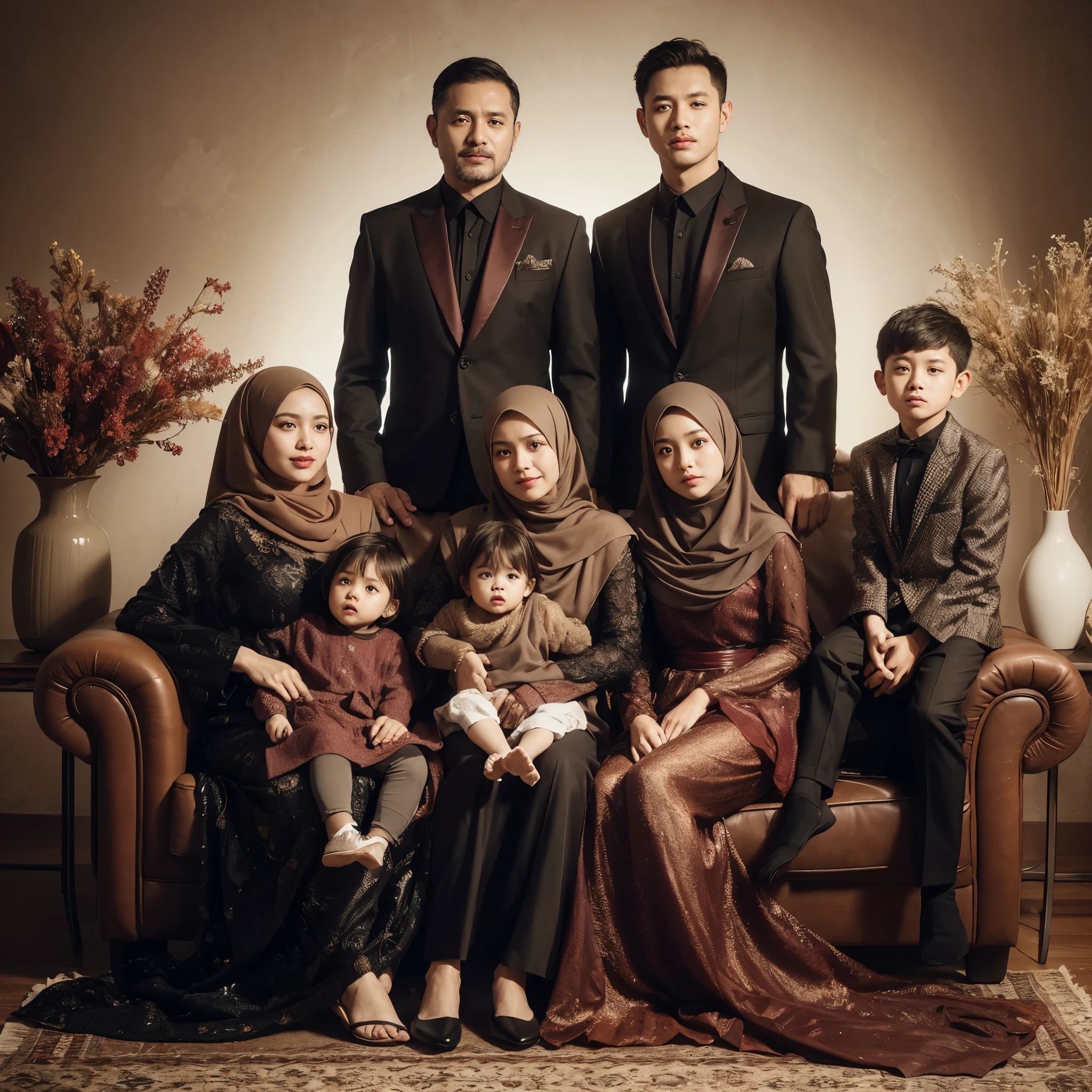 Family photo in Indonesia, eight members, father and mother aged 50, sitting on the sofa, hugging two girls aged 2 and 3, one boy  sitting in the middle, and two women in hijab and one man standing behind the sofa, wearing luxurious formal black Muslim attire and brown sharia long dress, looking luxurious, studio photo, dark brown abstract background, white lighting, realistic dried flower vase decoration, UHD, 8K. 