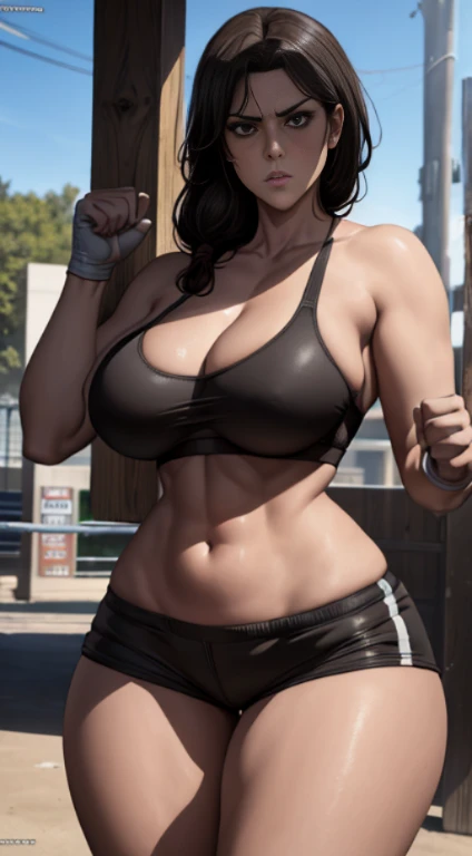 one girl, big sized breasts, cleavage, boxing gloves, MILFs, thigh legs, angry expressions, anger face, sweating, muscular arms, shiny skin, wet body, wet hair, Long black hair, hair over shoulder,  brown eyes, sports bra and shorts, boxing gloves, perfect curvy shaped body, sports bra and shorts ,boxing gloves, ultra realistic squinting sexy eyes , sports bra and shorts and boxing gloves, , massive sized breasts, both are standing, thigh legs, brown colour eyes, ultra realistic detailed shiny brown eyes, beautiful and perfect face, sunlight and garden background, black hair, bright brown colour eyes