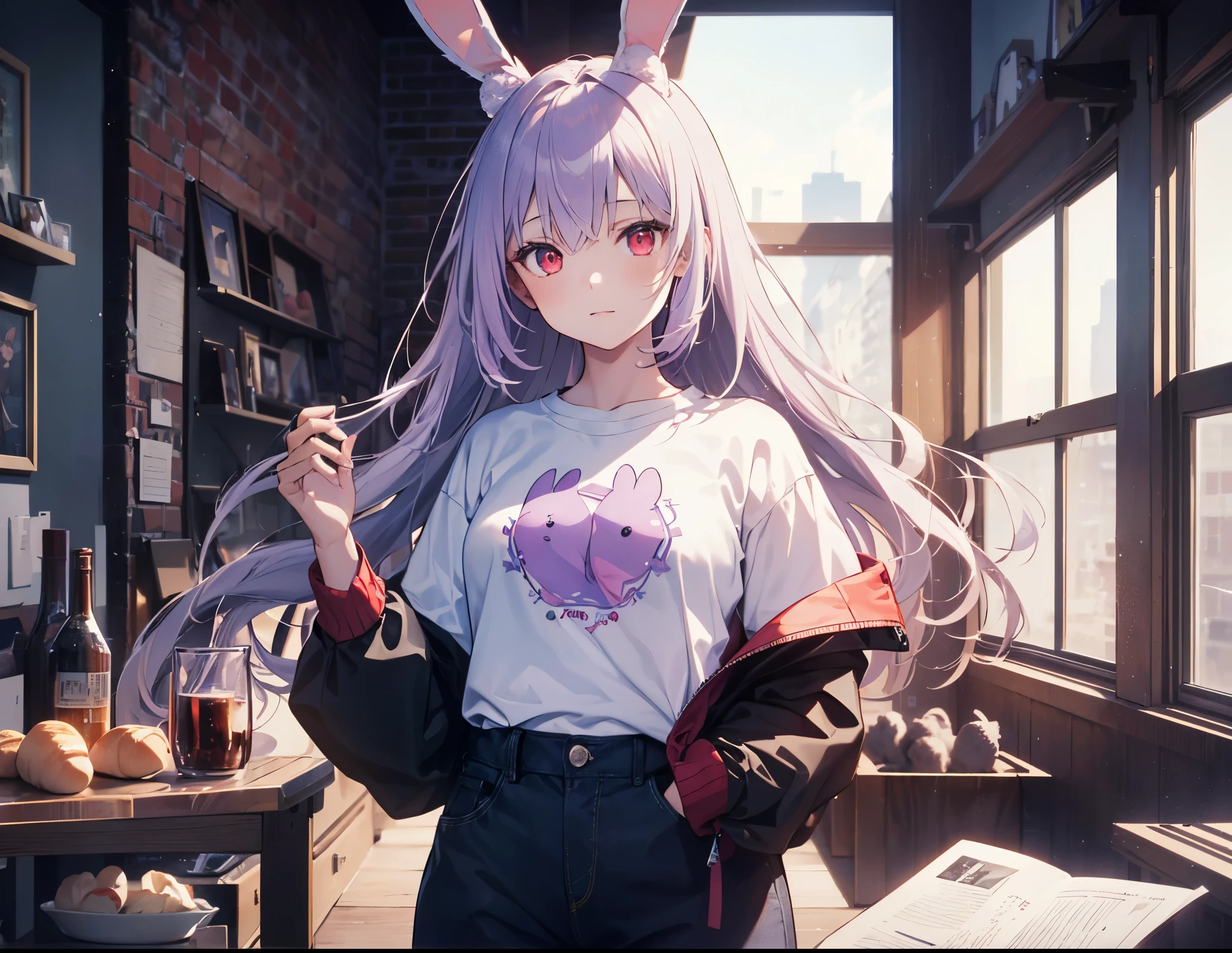 Realistic,highest quality, Ultra Detail, High-quality CG rendering, The most delicate and beautiful, Floating softly, High resolution, (1 girl), (Highest quality,4K,8K,masterpiece:1.2), Light purple hair,Rabbit,Bunny ears,Long Hair,Red eyes,(White long sleeve T-shirt:1.3),Inside the room