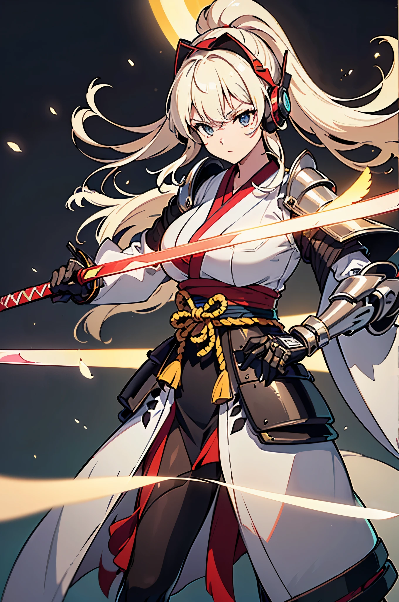 (Dynamic pose:1.2)、Beautiful woman,((extreme close up:1.3))、(((samurai kimono)))、((Cyber Headphones:1.3))、((メカニカルheadgear:1.3))、(((Mechanical Samurai、Machinery Armor))), ((Perfect figure, Beautiful Face, Beautiful Face, Ponytail Hairstyles, Beautiful Skin, Very detailed髪, The finer details)), (((Cinema Lighting, Beautiful lighting effects, Creative Design, Full Body Frame, Divine Aura, hard Harmony , Perfect color change, Perfect contrast balance, Perfect color layers, Perfectly smooth color bleeding, Soft Rendering, smooth color strokes, Optical Lenses, Soft colors, Smooth color blending, Perfect color expression, Harmony, perfect color Harmony, Beautiful colors, soft Harmony, Particles of light, Perfect detail, Intricate details, color prism, The finer details, The finer details))), super high quality, Very detailed,Perfect drawing,alone, beautiful girl, masterpiece, (mecha musume), Machinery Armor, headgear, Mechanical Wing, brandishing a sword、Samurai with a huge gun, Black ponytail, Her hair is tied with a big red ribbon, Equipped with two Japanese swords ((extra large cool samurai_Sword in hand, Huge and cool weapon machine)), Open Stance, Action pose,purgatory , ((highest quality))),8k,((masterpiece)),(Very sophisticated and beautiful)
