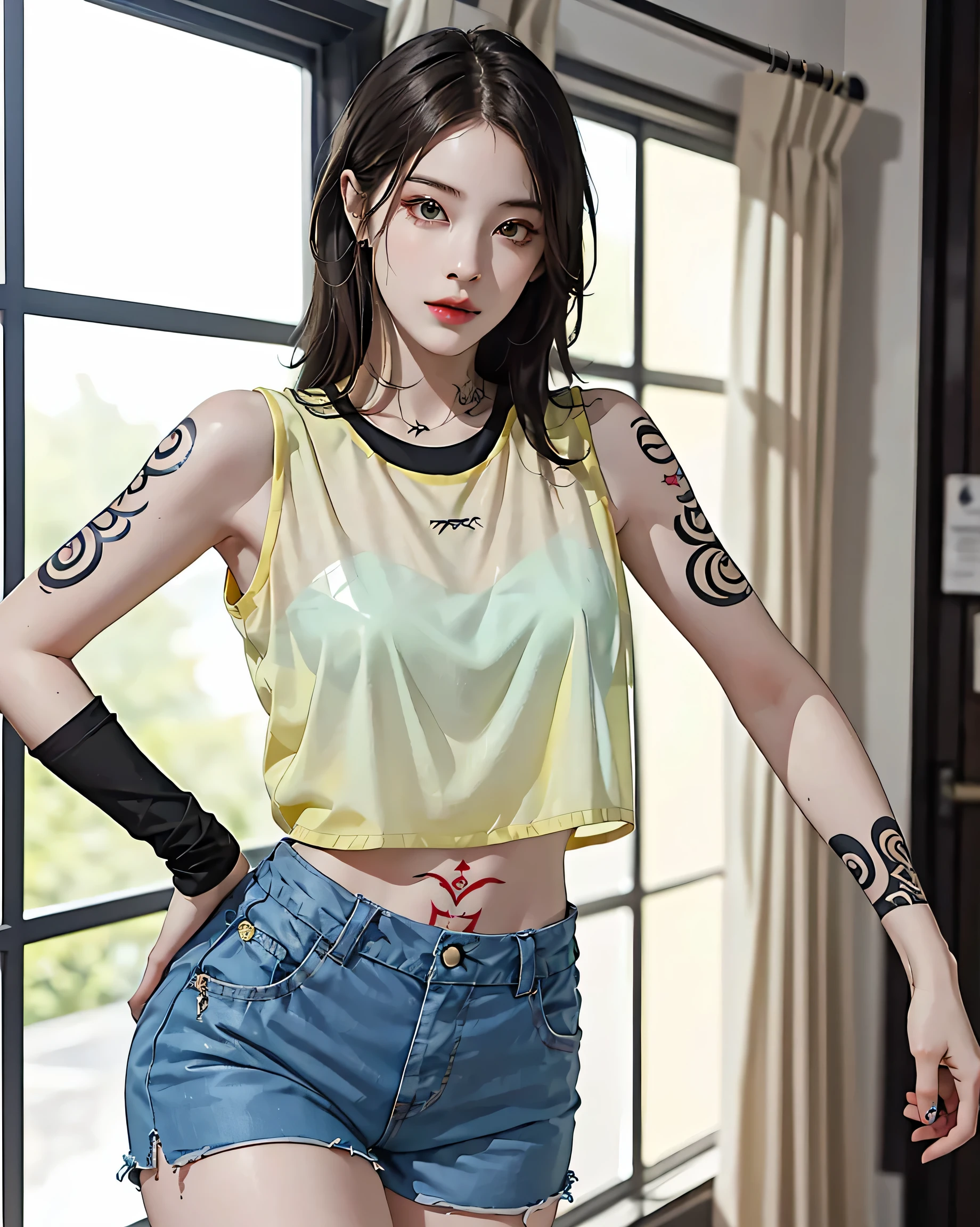 (Browsing Caution:0.7), Perfect Style, Beautiful Face, Highly detailed face and skin texture, (Maximum resolution: 1.2), 1 female,Hip Up, jewelry, (((He has many tattoos all over his body)), Streetwear, Play sports often, Blonde, Shorts, sneakers, (((Tight waist))), ((Big Breasts)),(See-through)